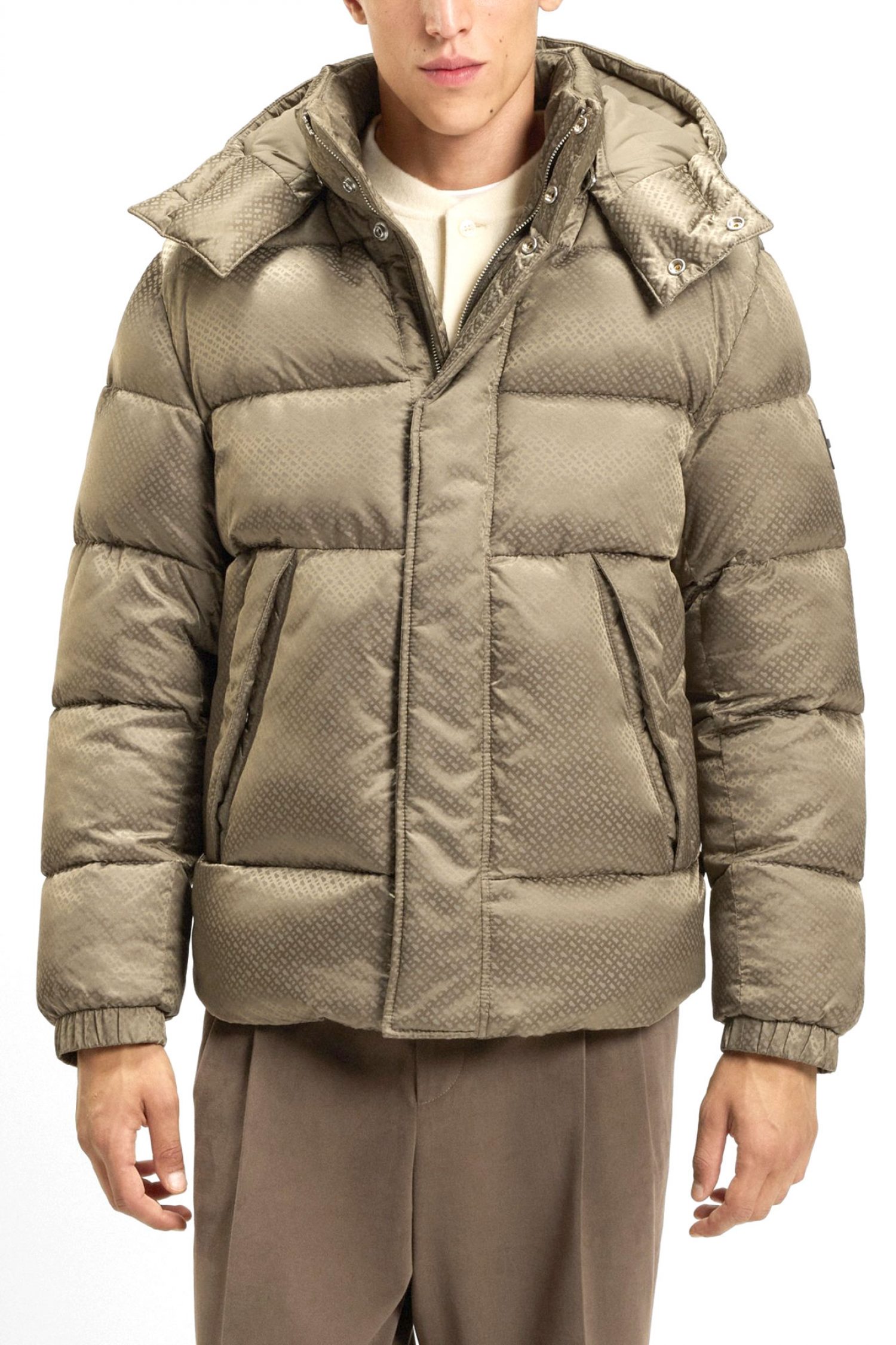 BOSS ΜΠΟΥΦΑΝ PUFFER ALL OVER LOGO ΑΠΟΣΠΩΜΕΝΗ KΟΥΚΟΥΛΑ H-COMBINIAN5 ΜΠΕΖ