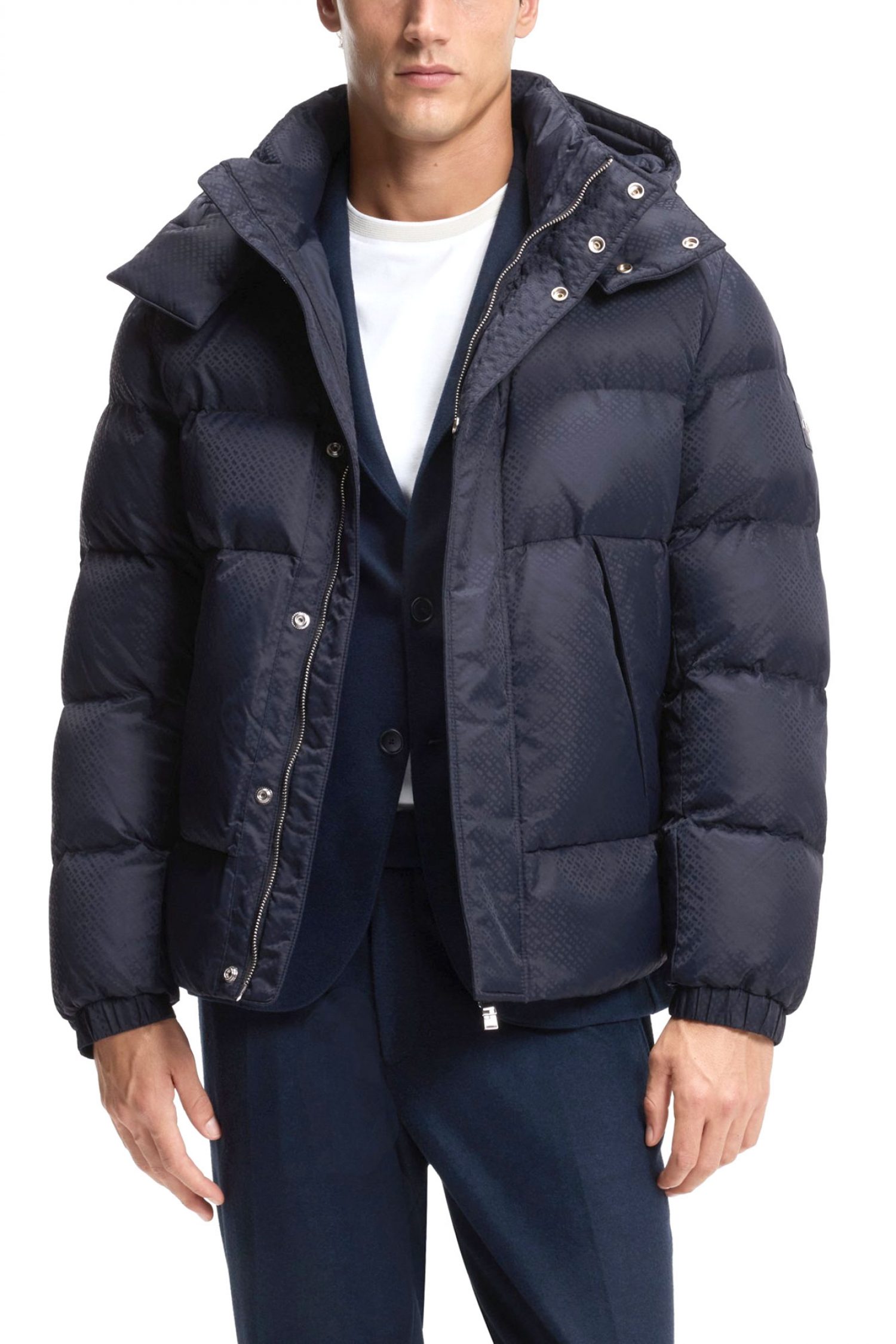 BOSS ΜΠΟΥΦΑΝ PUFFER ALL OVER LOGO ΑΠΟΣΠΩΜΕΝΗ KΟΥΚΟΥΛΑ H-COMBINIAN5 ΜΠΛΕ