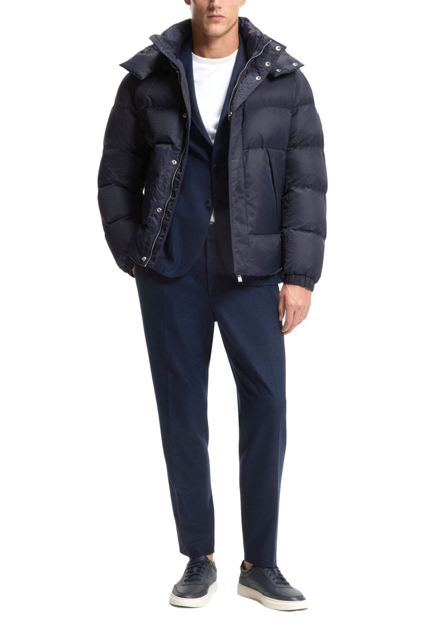 BOSS ΜΠΟΥΦΑΝ PUFFER ALL OVER LOGO ΑΠΟΣΠΩΜΕΝΗ KΟΥΚΟΥΛΑ H-COMBINIAN5 ΜΠΛΕ