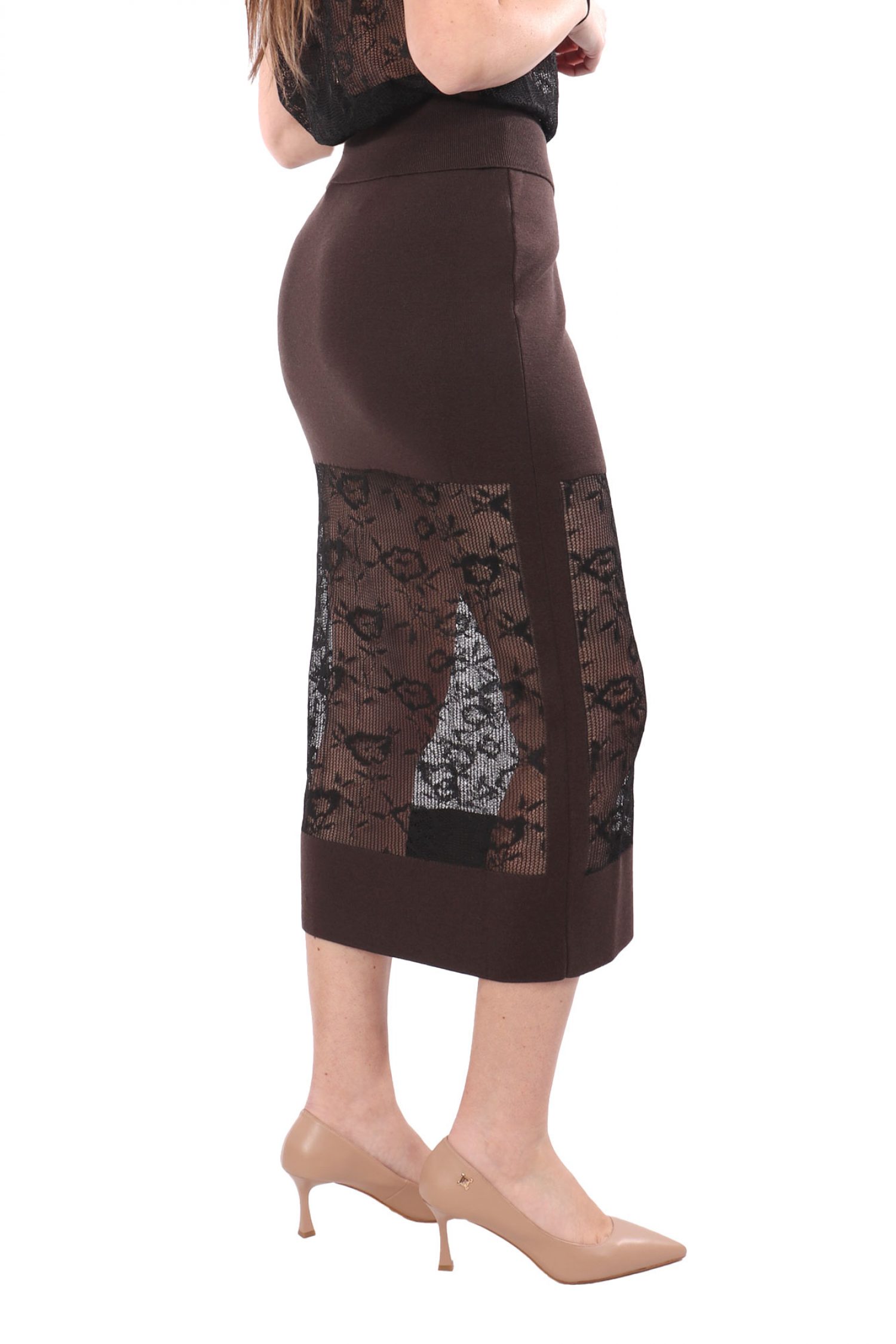 LIVIANA CONTI ΦΟΥΣΤΑ BEVERLY MIDI ΛΕΠΤΟΜΕΡΕΙΑ C-THRU ΛΑΣΤΙΧΟ ΜΕΣΗ ΚΑΦΕ-ΜΑΥΡΟ