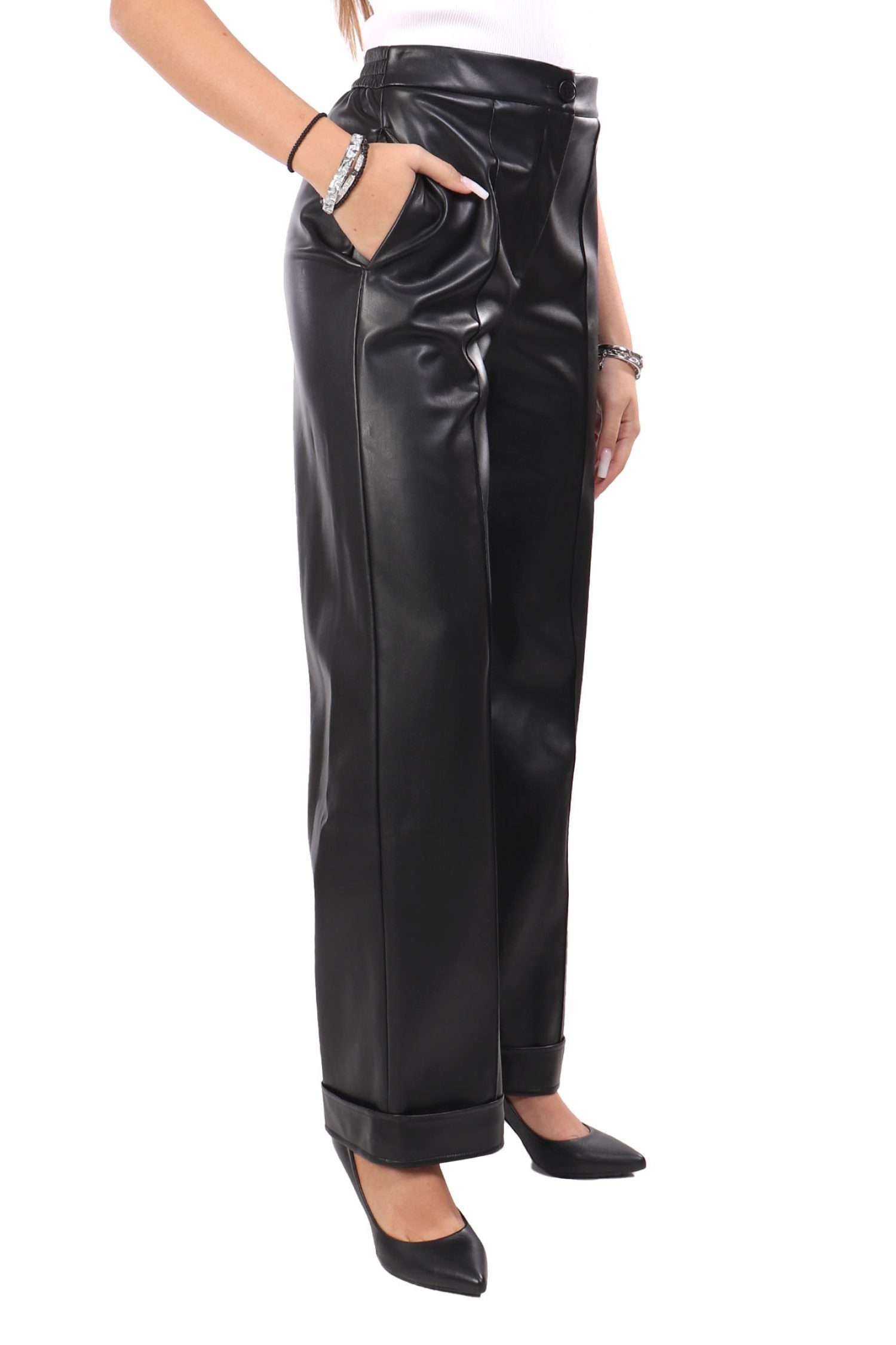 LIU-JO ΠΑΝΤΕΛΟΝΙ FAUX LEATHER ΛΑΣΤΙΧΟ LOGO ΜΕΤΑΛΛΙΚΟ ΤΣΕΠΕΣ ΜΑΥΡΟ