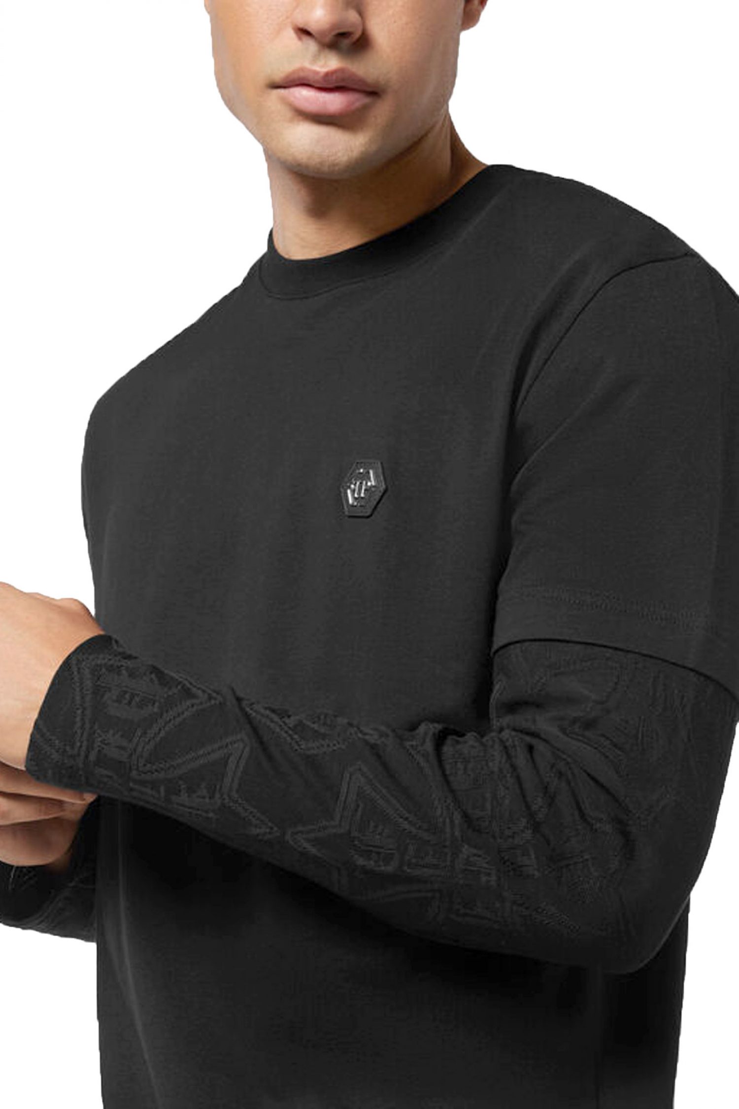 PHILIPP PLEIN T-SHIRT ROUND NECK DOUBLE SLEEVED LONGSLEEVE JACQUARD CREST ΜΑΥΡΟ