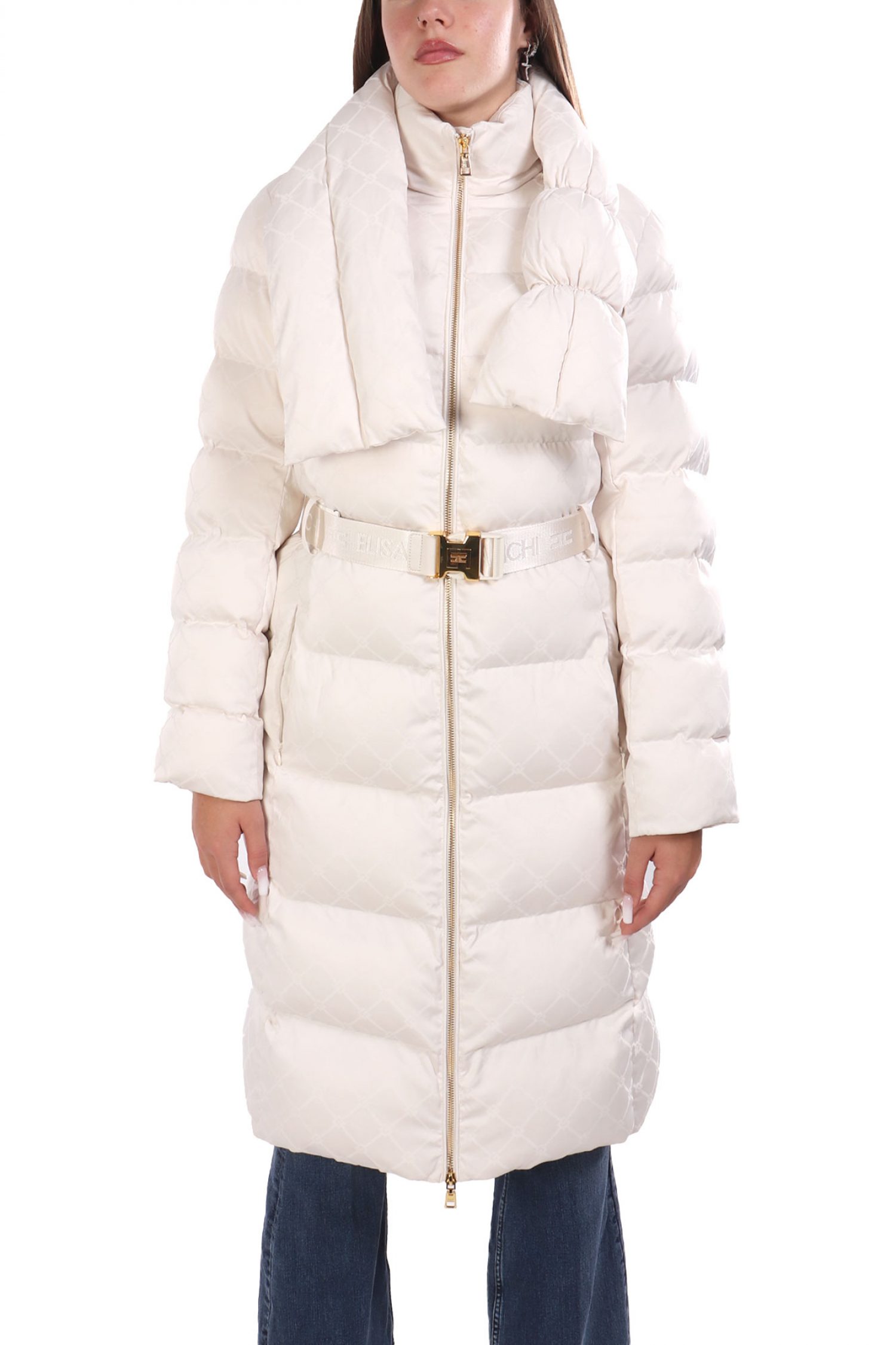 ELISABETTA FRANCHI ΜΠΟΥΦΑΝ ΦΟΥΣΚΩΤΟ ΜΑΚΡΥ ΑΠΟΣΠΩΜΕΝΗ ΛΕΠΤΟΜΕΡΕΙΑ ΛΑΙΜΟΥ ΑΠΟΣΠΩΜΕΝΗ ΖΩΝΗ ALL OVER LOGO ΤΣΕΠΕΣ ΕΚΡΟΥ