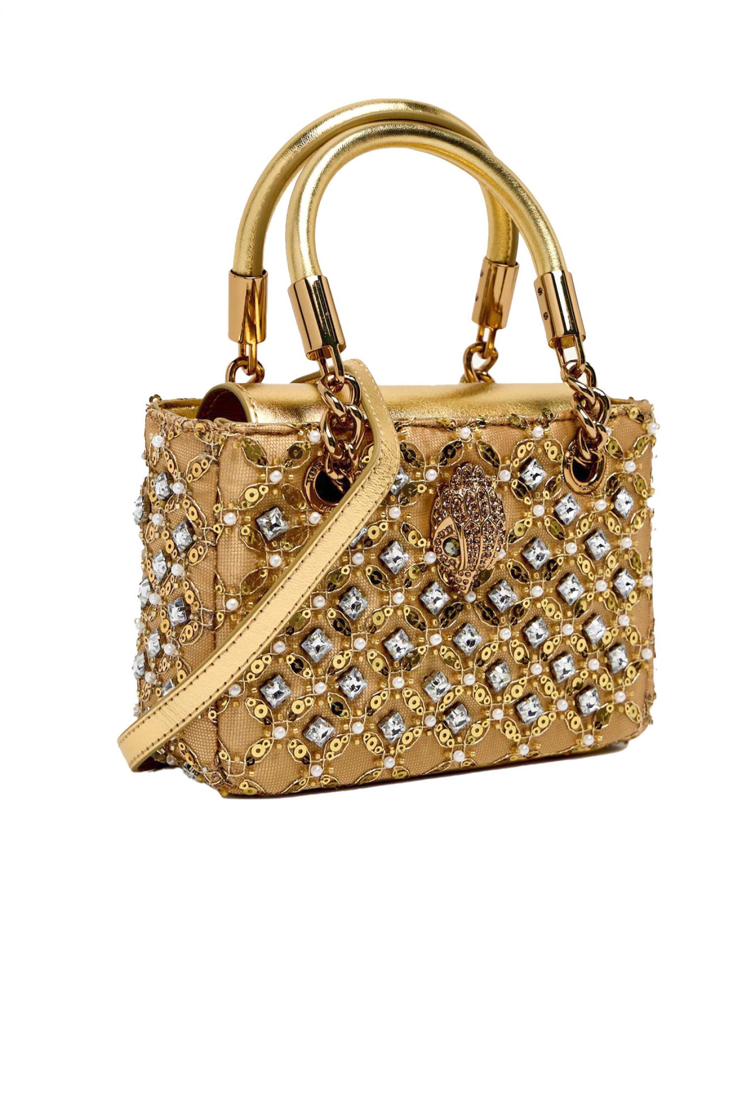 KURT GEIGER ΤΣΑΝΤΑKI CROSSBODY/XEIΡΟΣ SQ MINI KENSINGTON JEWEL ΣΤΡΑΣ ΠΕΡΛΕΣ ΑΛΥΣΙΔΑ LOGO ΧΡΥΣΟ φωτογραφία