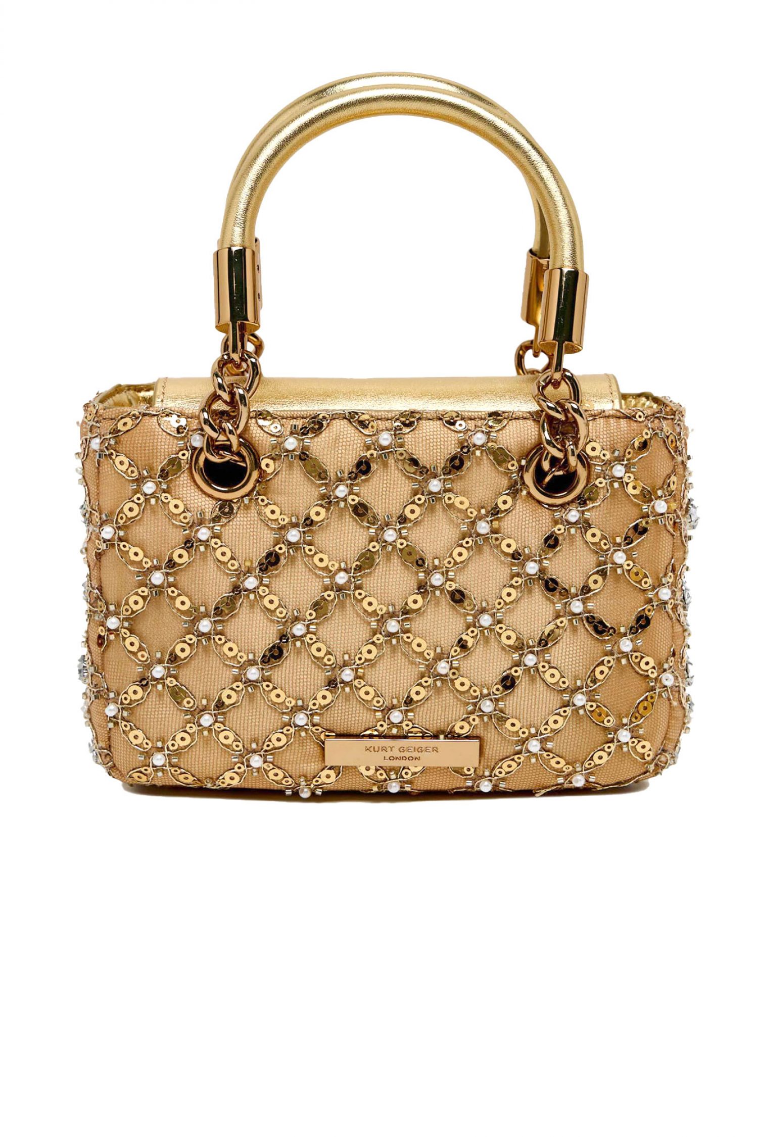 KURT GEIGER ΤΣΑΝΤΑKI CROSSBODY/XEIΡΟΣ SQ MINI KENSINGTON JEWEL ΣΤΡΑΣ ΠΕΡΛΕΣ ΑΛΥΣΙΔΑ LOGO ΧΡΥΣΟ φωτογραφία