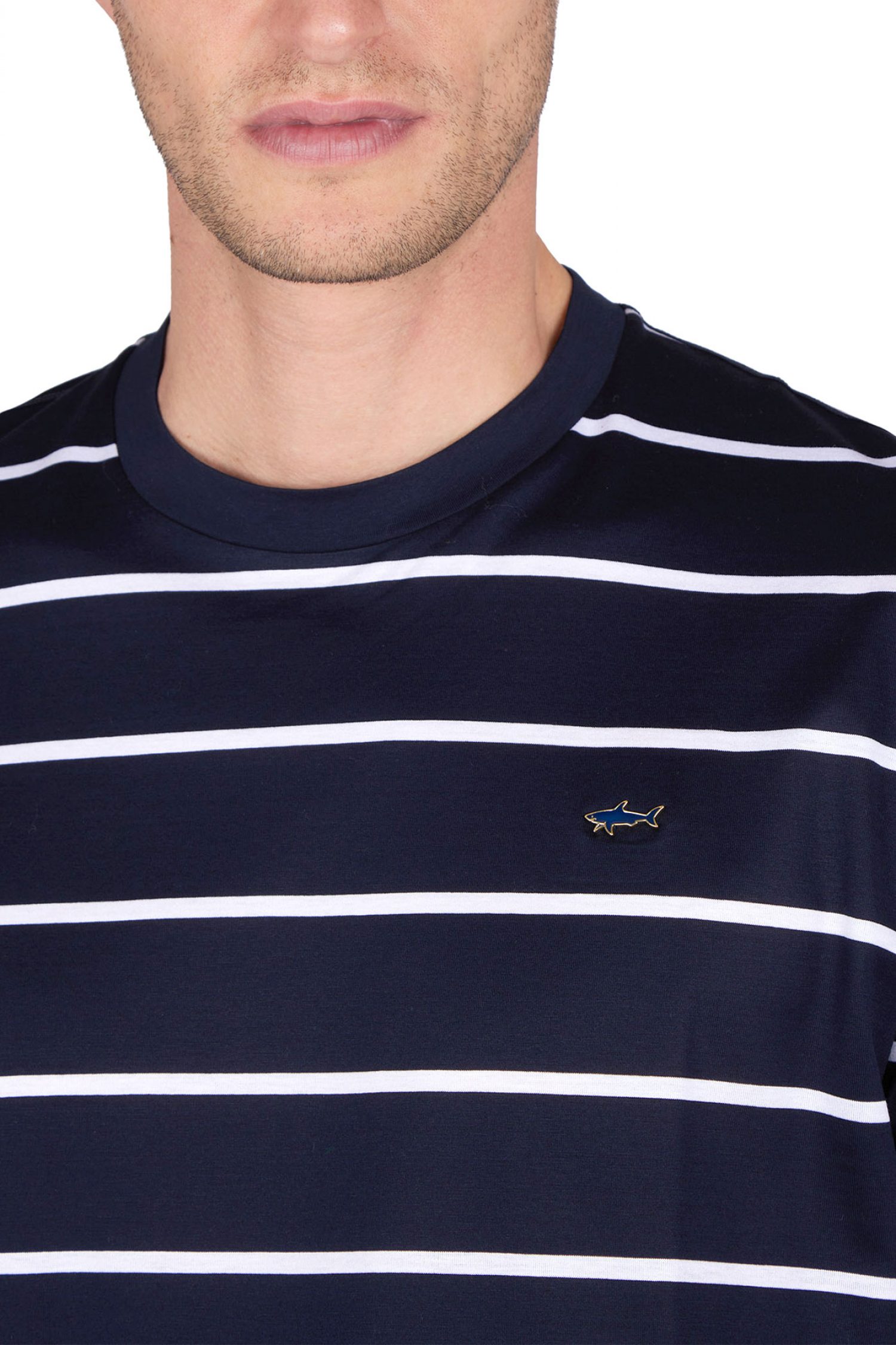 PAUL&SHARK T-SHIRT CREW NECK ΡΙΓΕ METALLIC LOGO ΜΠΛΕ-ΛΕΥΚΟ