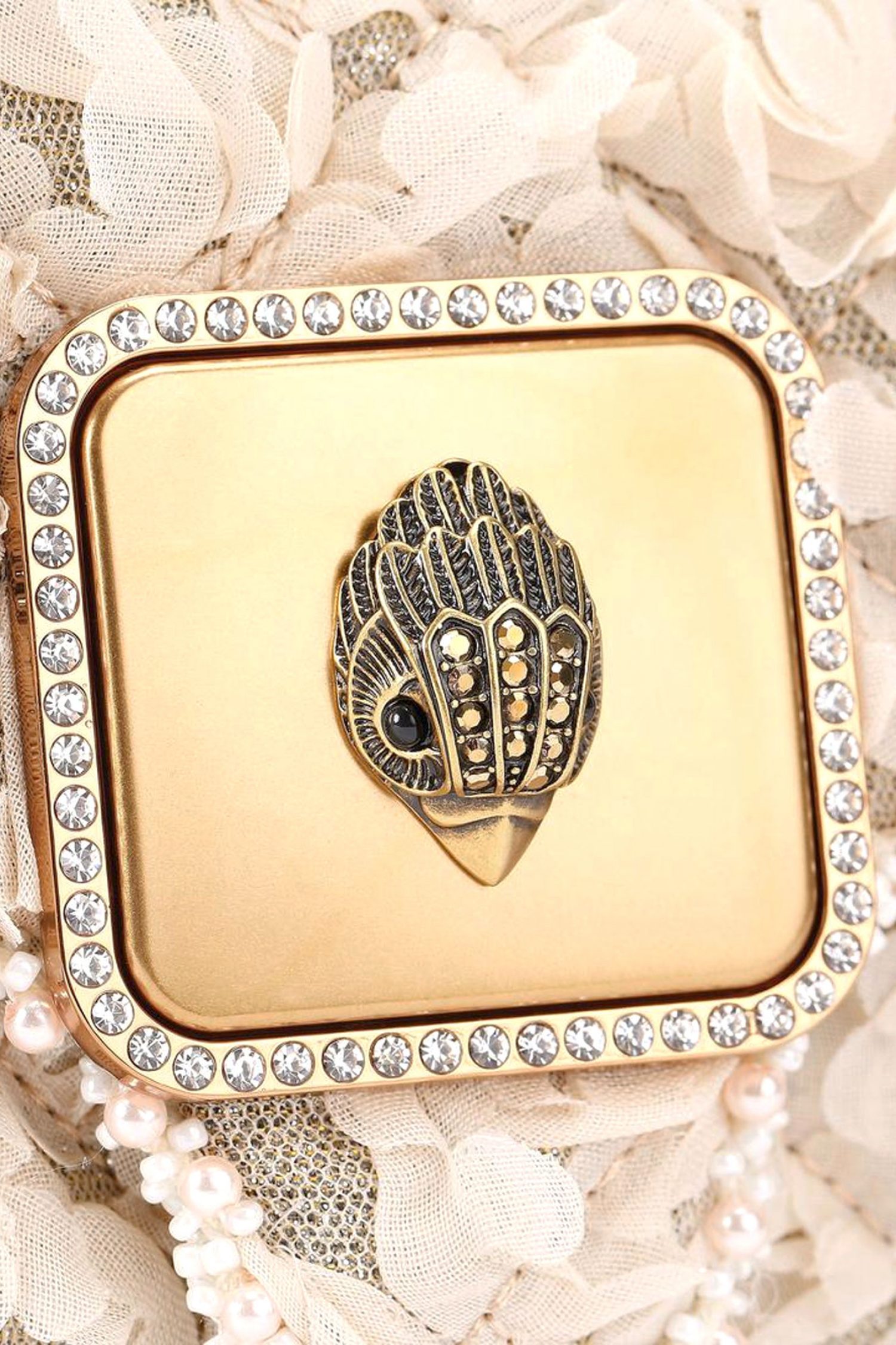 KURT GEIGER ΤΣΑΝΤΑKI CROSSBODY/ΩΜΟΥ MINI PIMLICO BAG ΥΦΑΣΜΑΤΙΝΑ ΣΧΕΔΙΑ ΑΛΥΣΙΔΑ LOGO ΜΠΕΖ/ΧΡΥΣΟ