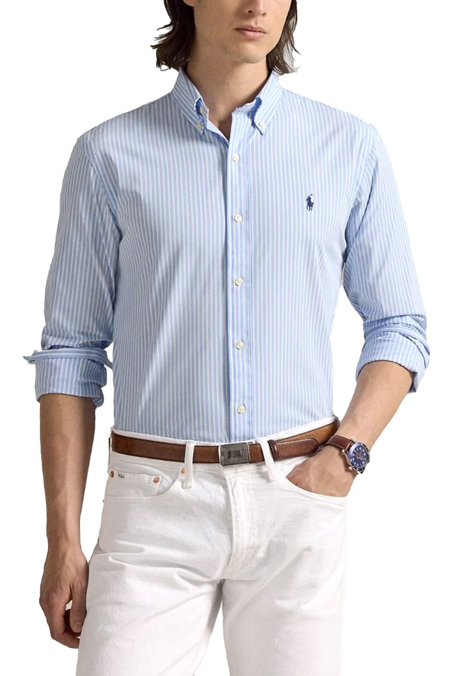 RALPH LAUREN ΠΟΥΚΑΜΙΣΟ ΡΙΓΕ BUTTON DOWN CUSTOM FIT STRETCH ΣΙΕΛ-ΛΕΥΚΟ