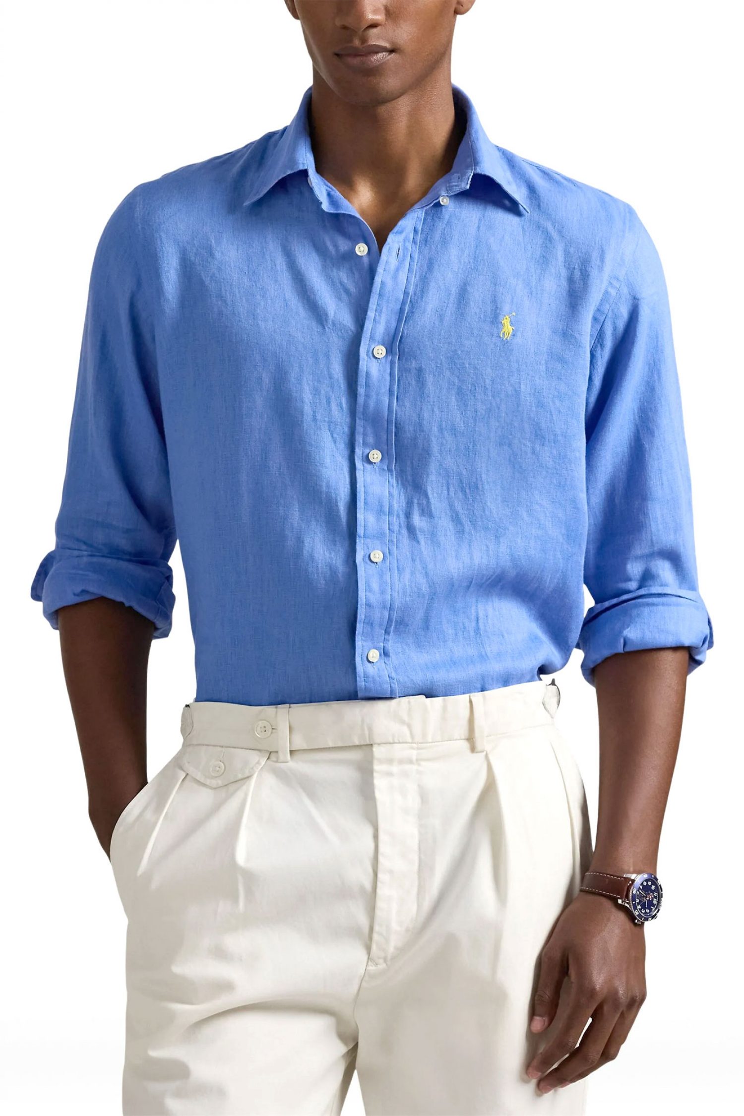 RALPH LAUREN ΠΟΥΚΑΜΙΣΟ ΛΙΝΟ BUTTON DOWN CUSTOM FIT LOGO ΡΟΥΑ ΜΠΛΕ