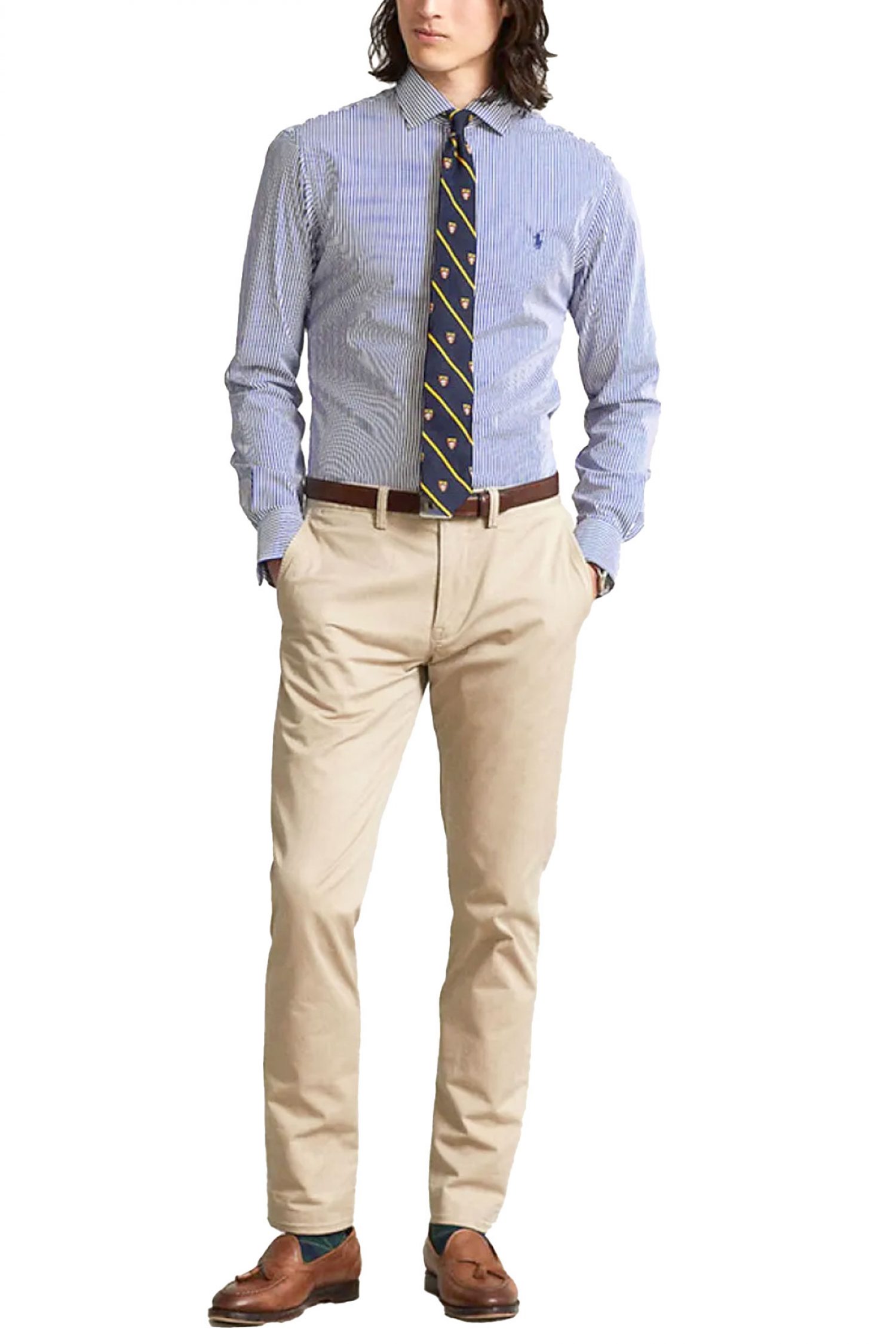 RALPH LAUREN ΠΟΥΚΑΜΙΣΟ ΡΙΓΕ CUSTOM FIT ΜΠΛΕ-ΛΕΥΚΟ