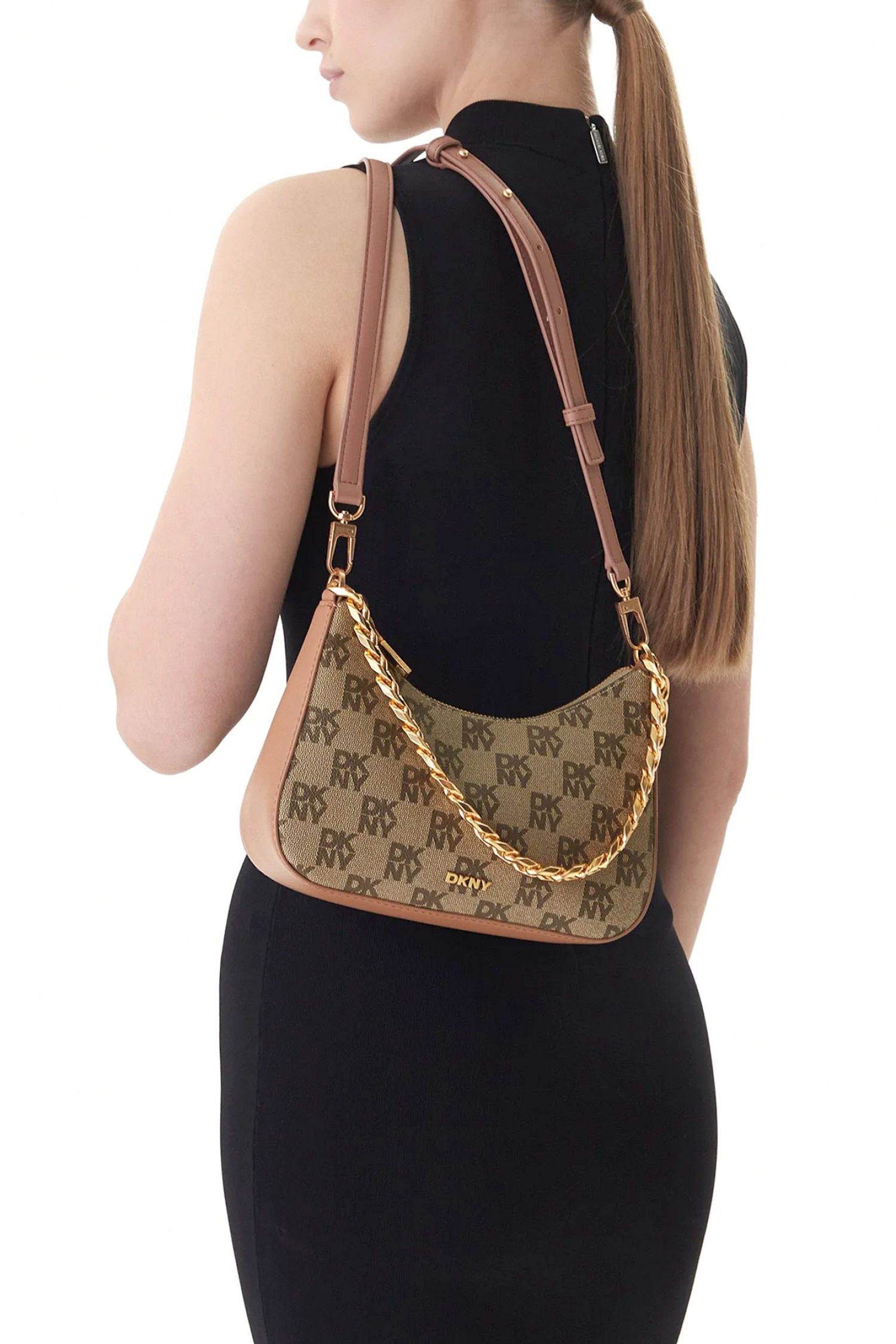 DKNY ΤΣΑΝΤΑ JENNA DEMI ΩΜΟΥ/CROSSBODY ALL OVER LOGO ΜΠΕΖ-ΚΑΦΕ