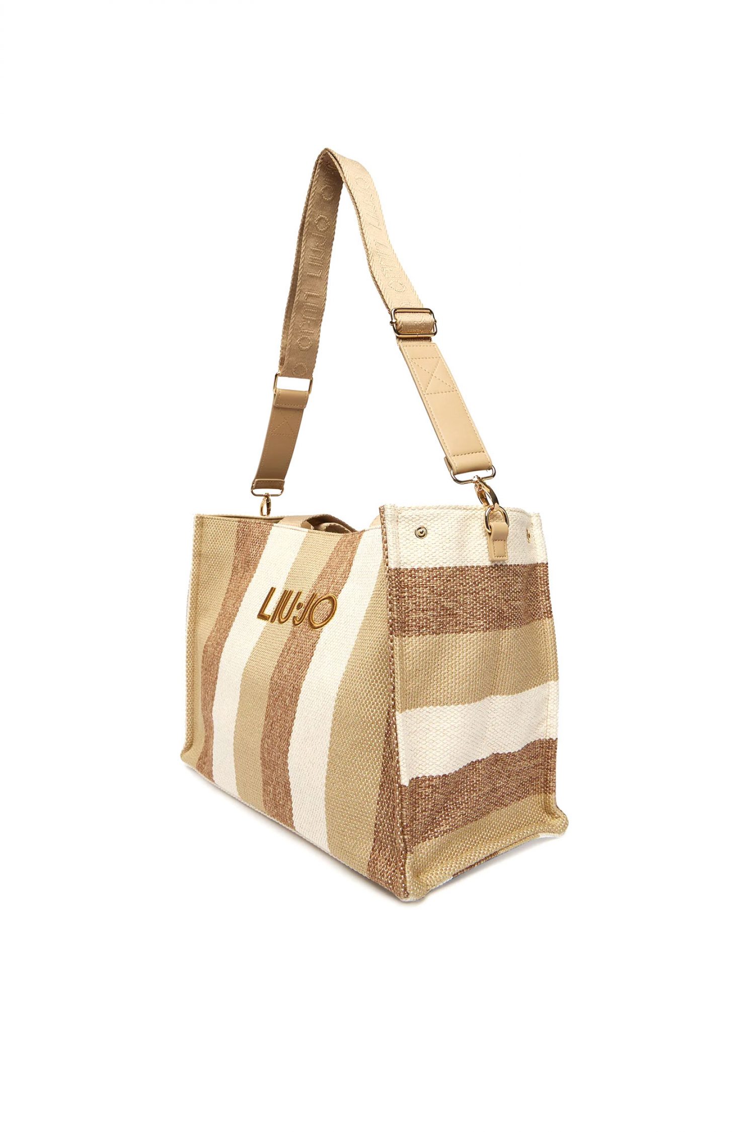 LIU-JO ΤΣΑΝΤΑ ΧΕΙΡΟΣ/CROSSBODY TOTE STRIPED KANVAS LOGO ΜΠΕΖ-ΚΑΦΕ