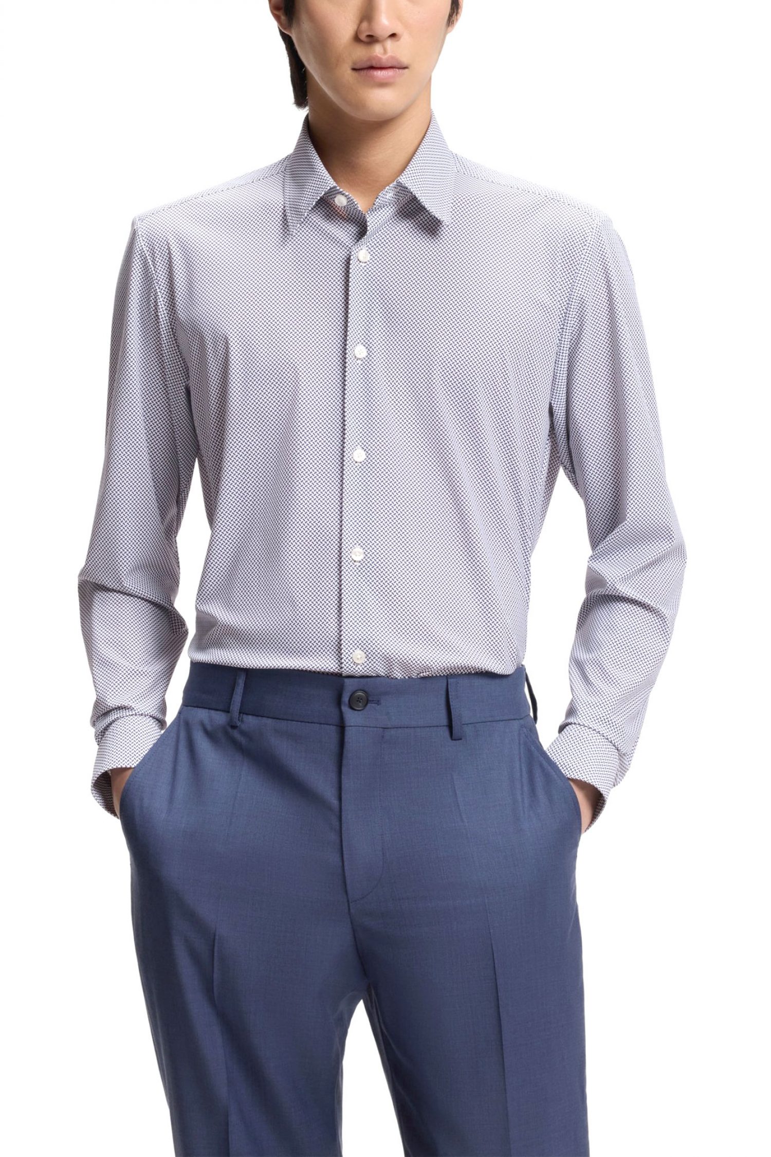 BOSS PERFORMANCE ΠΟΥΚΑΜΙΣΟ ΜΙΚΡΟΣΧΕΔΙΟ REGULAR FIT P-LIAM-K-F-261 ΜΠΛΕ-ΛΕΥΚΟ