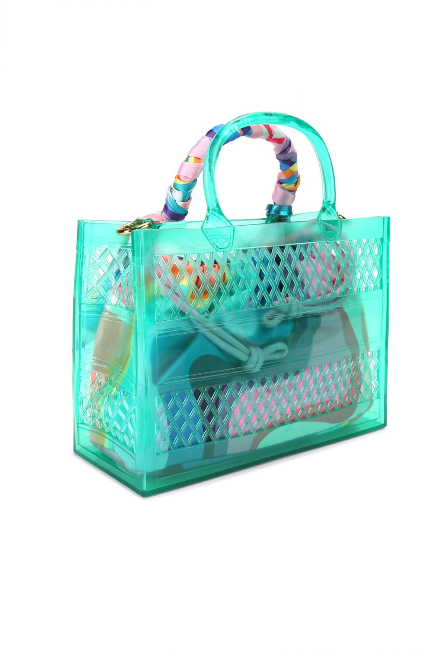 KURT GEIGER ΤΣΑΝΤΑ ΩΜΟΥ/CROSSBODY JELLY SM TOTE BAG ΔΙΑΦΑΝΗ ΠΟΥΓΚΙ LOGO ΠΡΑΣΙΝΟ/ΠΟΛΥΧΡΩΜΟ