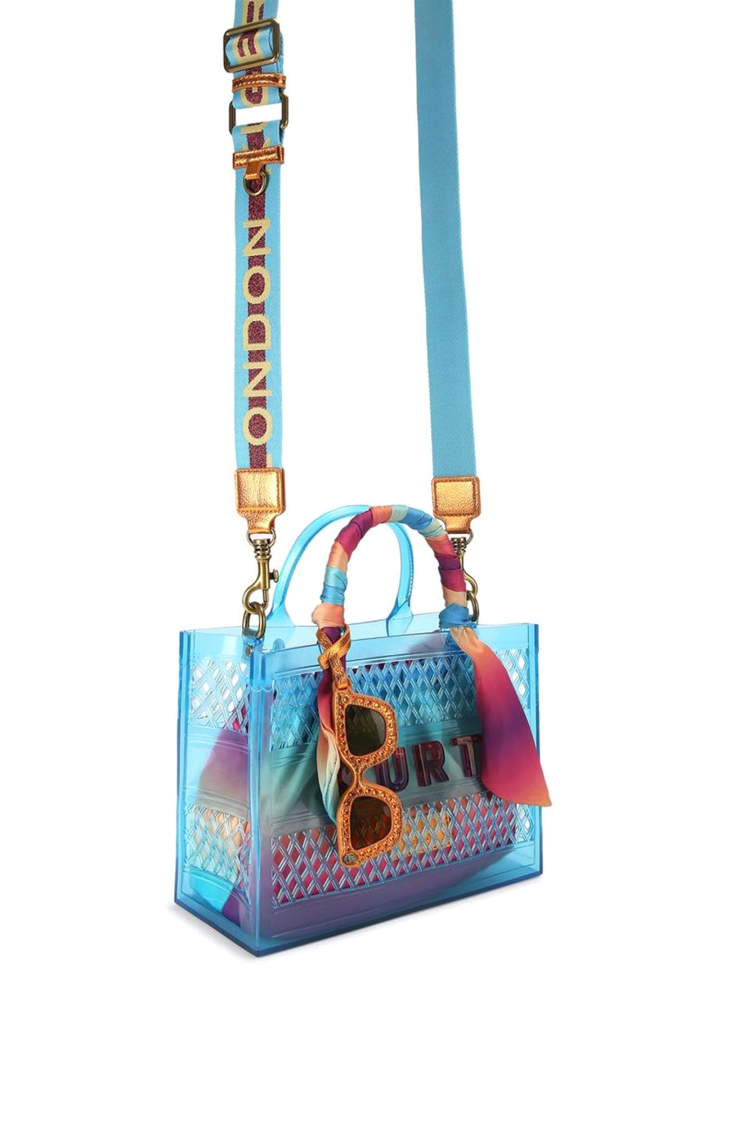 KURT GEIGER ΤΣΑΝΤΑ ΩΜΟΥ/CROSSBODY JELLY SM TOTE BAG ΔΙΑΦΑΝΗ ΕΠΙΠΡΟΣΘΕΤΟ ΠΟΥΓΚΙ LOGO MΠΛΕ/ΠΟΛΥΧΡΩΜΟ