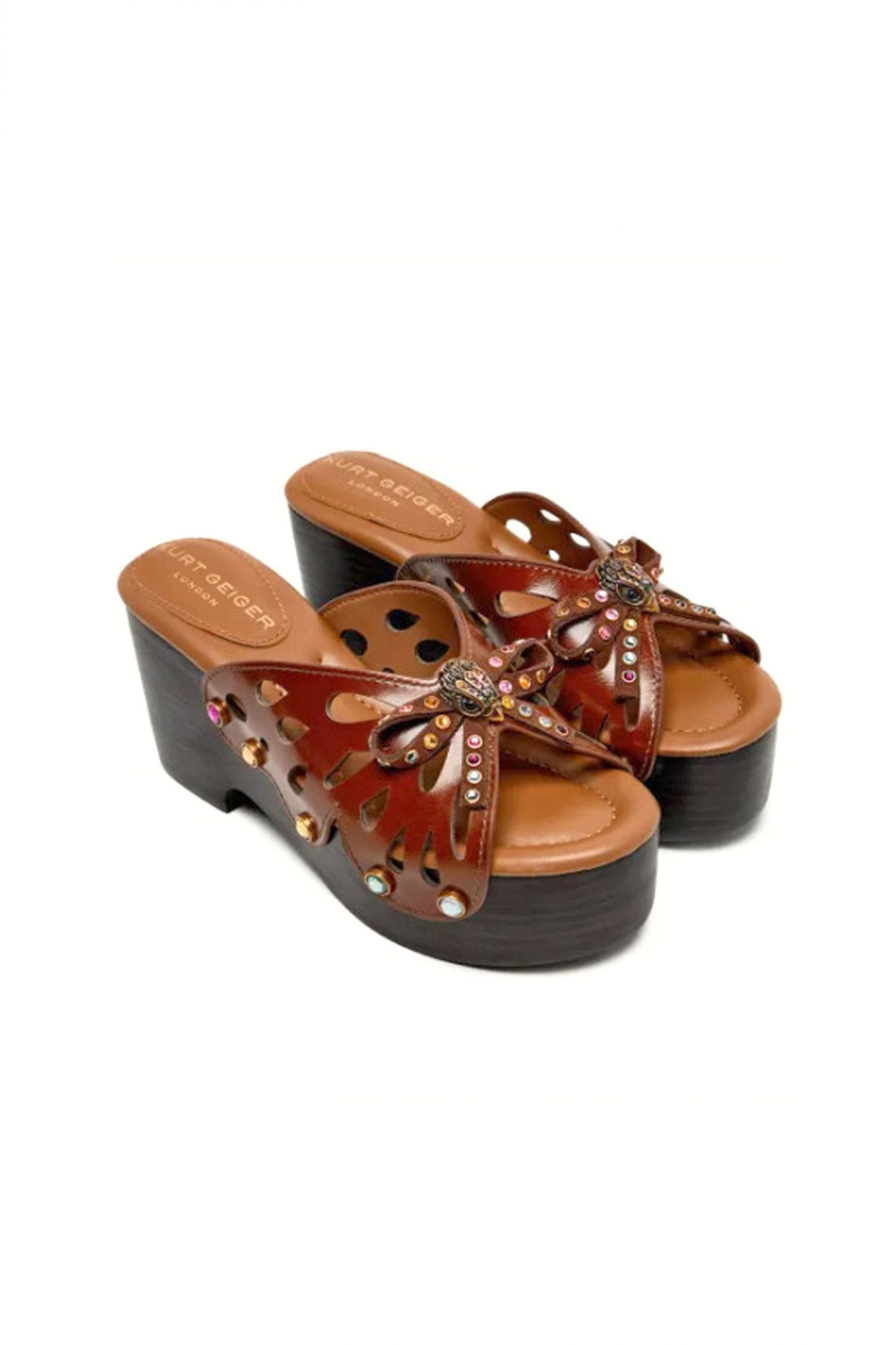 KURT GEIGER ΠΑΠΟΥΤΣΙΑ ΠΑΝΤΟΦΛΕΣ BUTTERFLY WEDGE MULE ΧΑΝΤΡΕΣ LOGO ΚΑΦΕ ΣΚΟΥΡΟ
