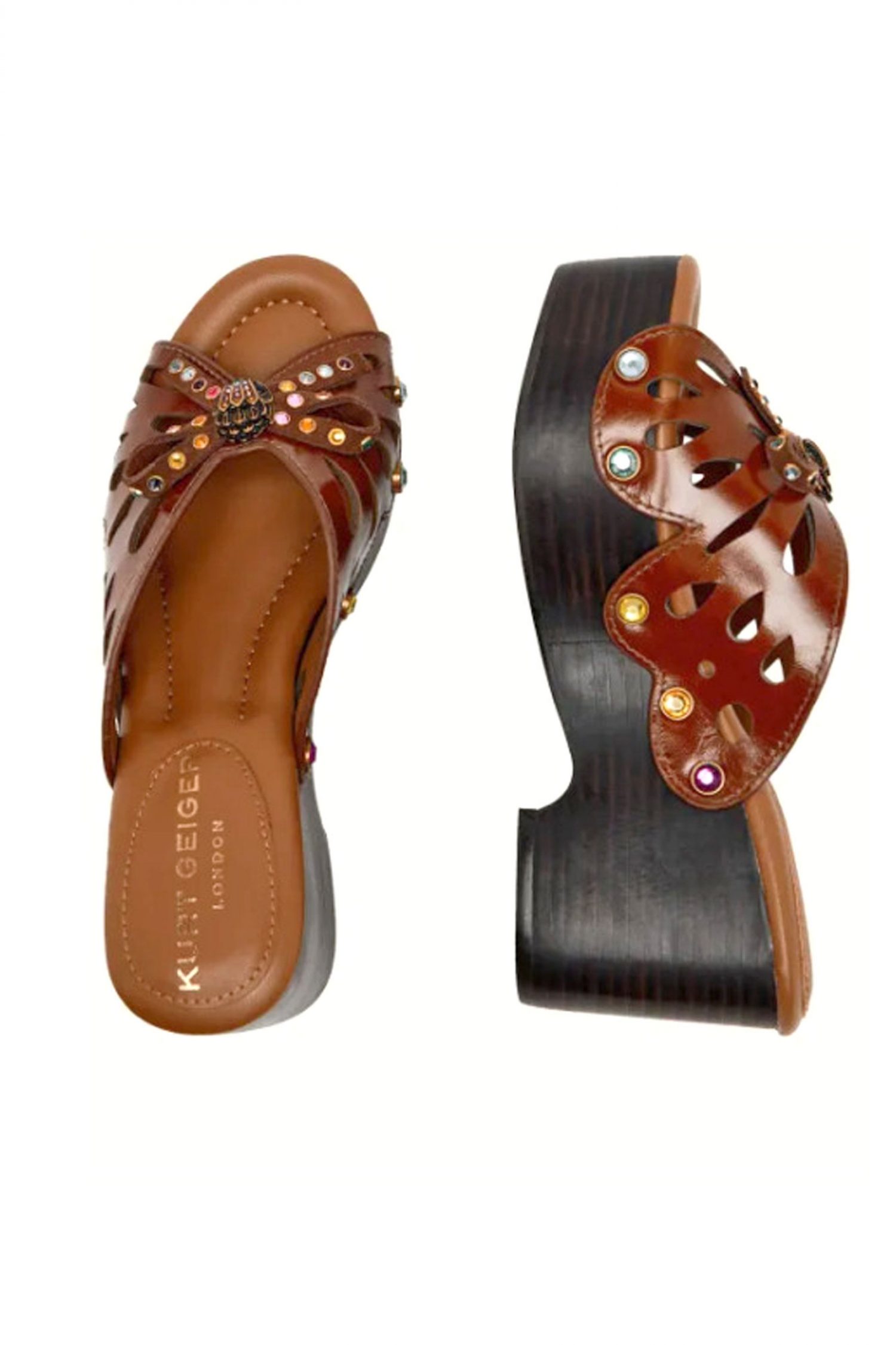 KURT GEIGER ΠΑΠΟΥΤΣΙΑ ΠΑΝΤΟΦΛΕΣ BUTTERFLY WEDGE MULE ΧΑΝΤΡΕΣ LOGO ΚΑΦΕ ΣΚΟΥΡΟ