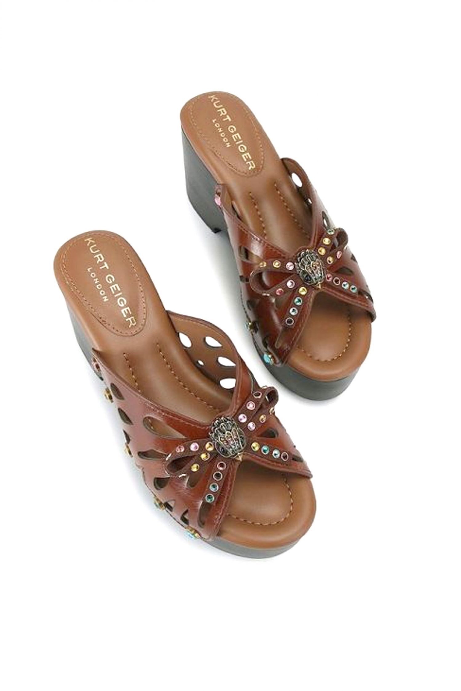 KURT GEIGER ΠΑΠΟΥΤΣΙΑ ΠΑΝΤΟΦΛΕΣ BUTTERFLY WEDGE MULE ΧΑΝΤΡΕΣ LOGO ΚΑΦΕ ΣΚΟΥΡΟ