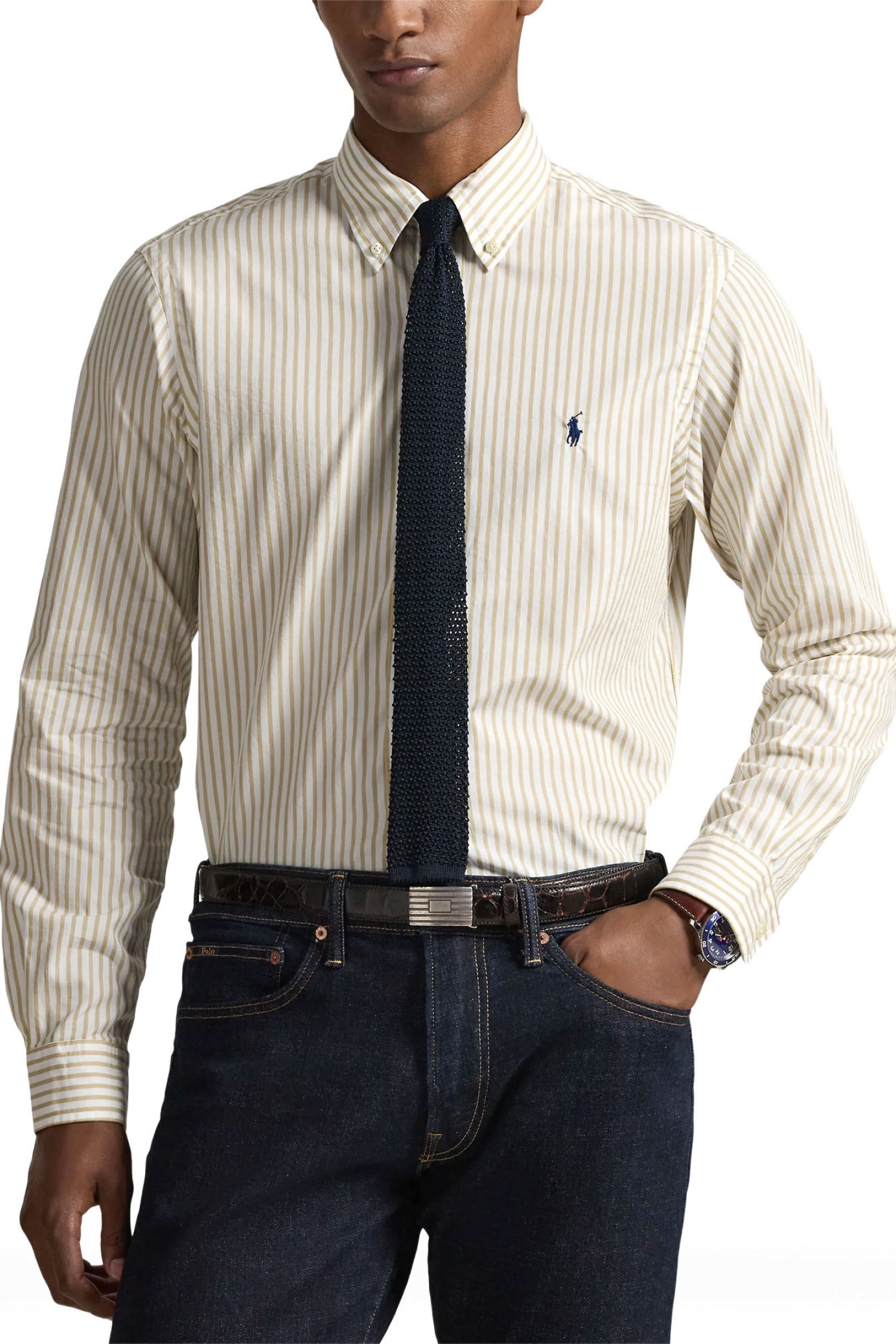 RALPH LAUREN ΠΟΥΚΑΜΙΣΟ ΡΙΓΕ BUTTON DOWN CUSTOM FIT ΜΠΕΖ-ΛΕΥΚΟ