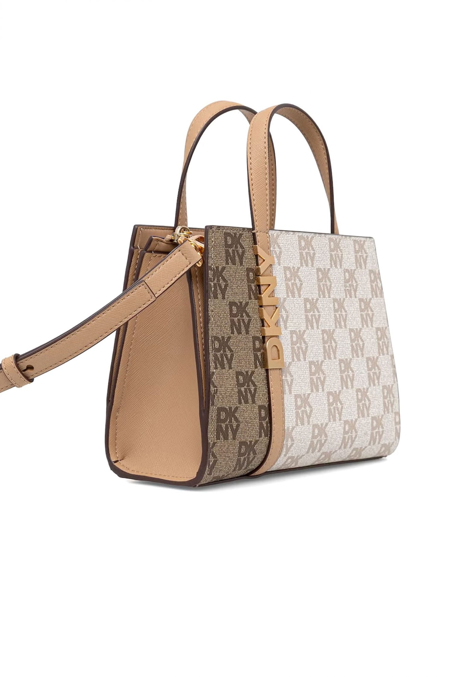 DKNY ΤΣΑΝΤΑ ΧΕΙΡΟΣ/CROSSBODY AVRIL SM SATCHEL ALL OVER LOGO ΜΠΕΖ-ΚΑΦΕ