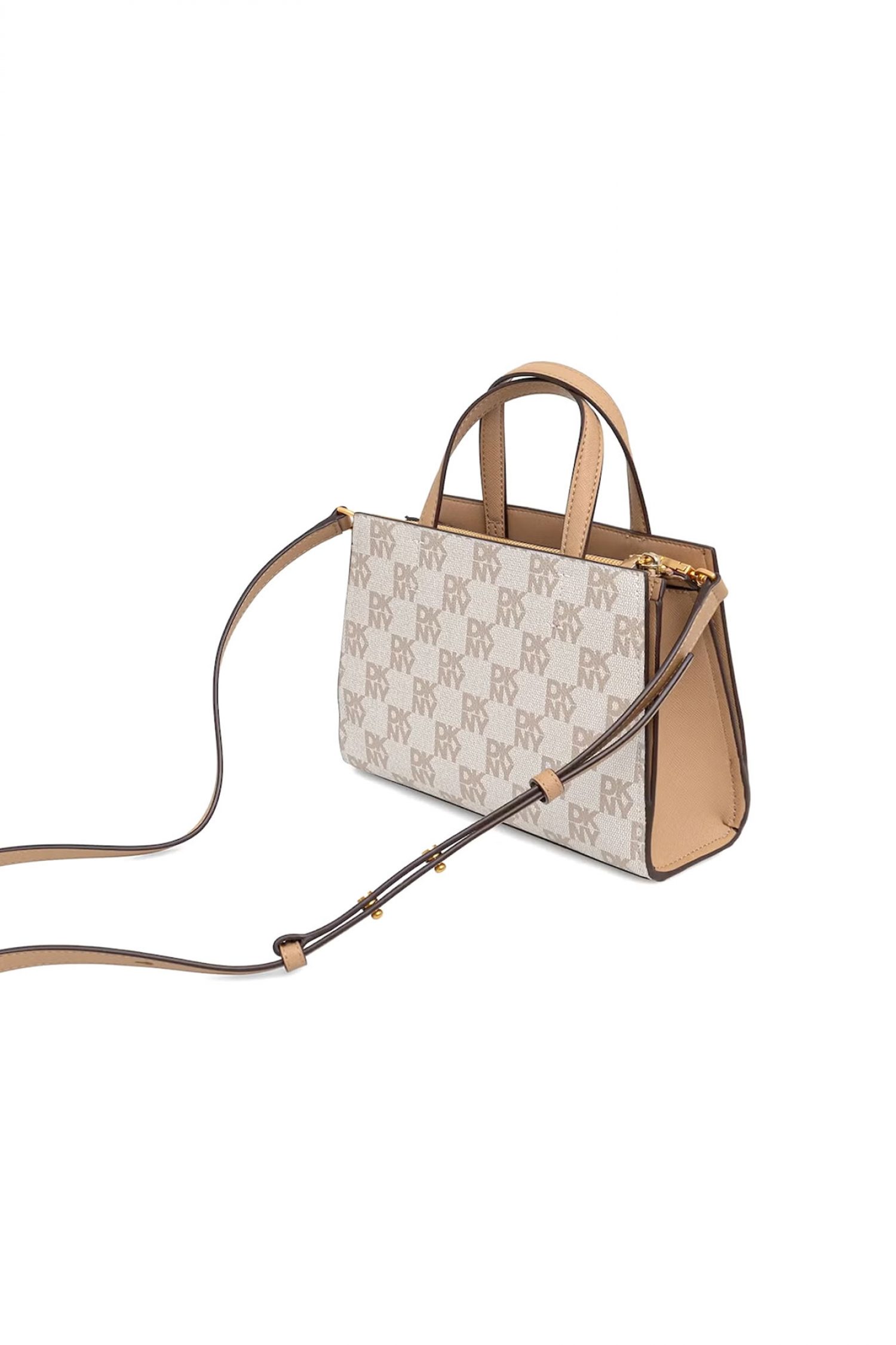 DKNY ΤΣΑΝΤΑ ΧΕΙΡΟΣ/CROSSBODY AVRIL SM SATCHEL ALL OVER LOGO ΜΠΕΖ-ΚΑΦΕ