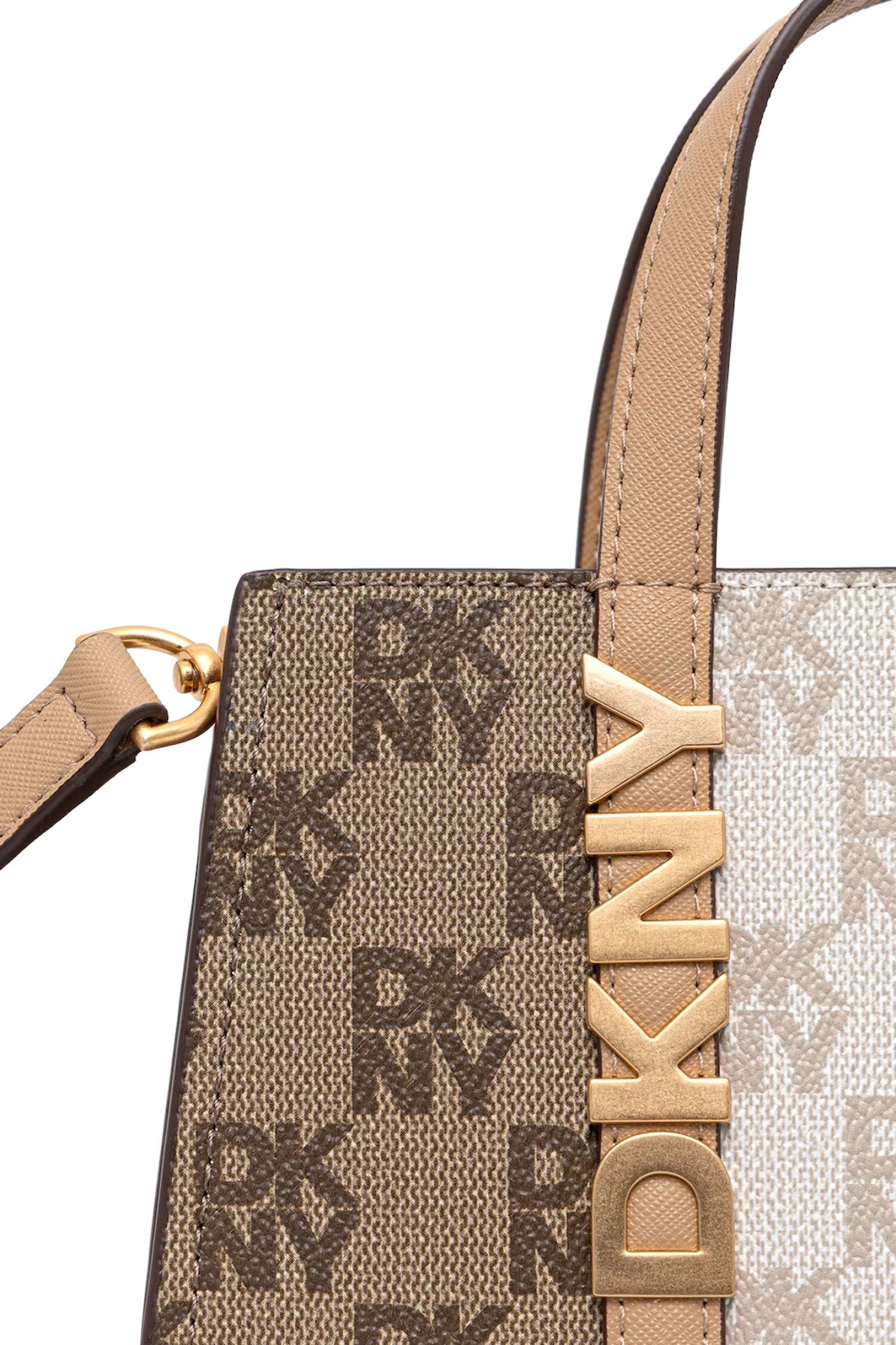 DKNY ΤΣΑΝΤΑ ΧΕΙΡΟΣ/CROSSBODY AVRIL SM SATCHEL ALL OVER LOGO ΜΠΕΖ-ΚΑΦΕ