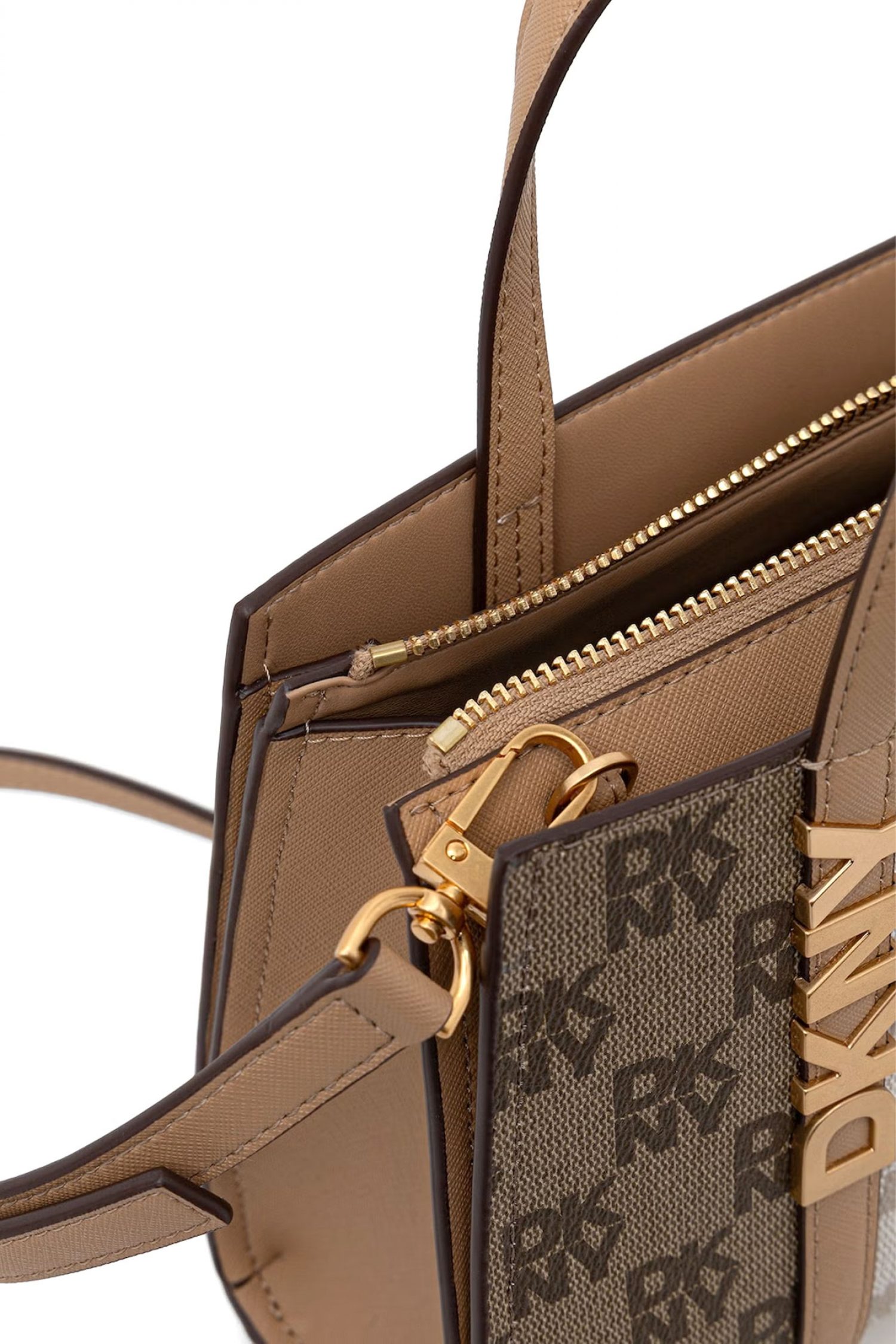 DKNY ΤΣΑΝΤΑ ΧΕΙΡΟΣ/CROSSBODY AVRIL SM SATCHEL ALL OVER LOGO ΜΠΕΖ-ΚΑΦΕ