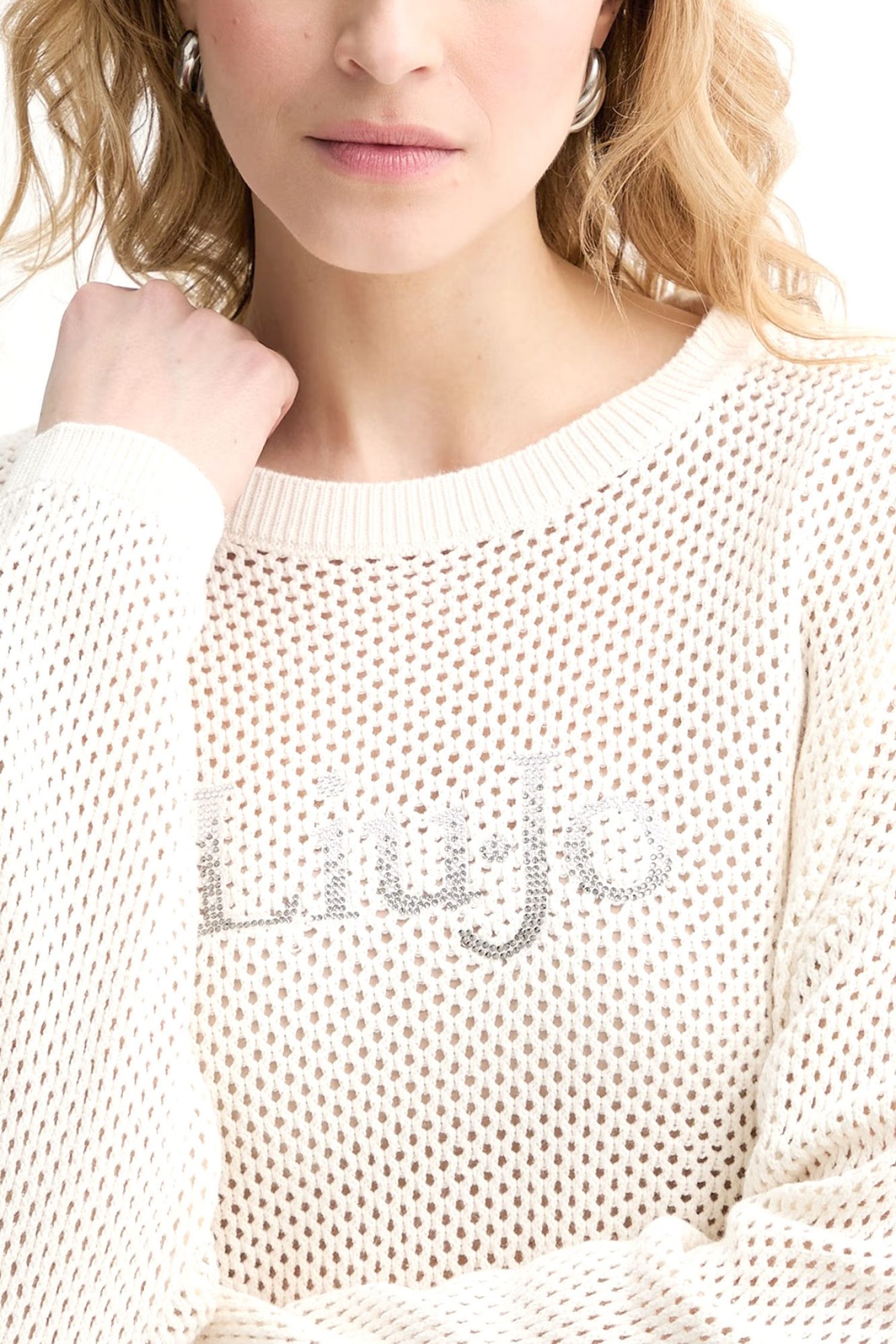 LIU-JO BETTER ΠΛΕΚΤΟ CREWNECK ΔΙΑΤΡΗΤΟ ΜΠΡΟΣΤΑ LOGO ΣΤΡΑΣ ΕΚΡΟΥ φωτογραφία