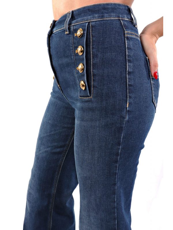 ELISABETTA FRANCHI ΠΑΝΤΕΛΟΝΙ JEANS FLARE ΨΗΛΟΜΕΣΟ ΚΟΥΜΠΙΑ ΧΡΥΣΑ ΤΣΕΠΕΣ ΜΠΛΕ - Image 5