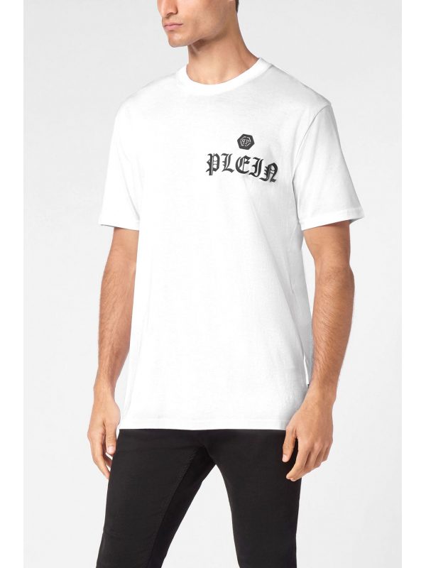 PHILIPP PLEIN T-SHIRT ROUND NECK SS GOTHIC PLEIN LOGO ΛΕΥΚΟ