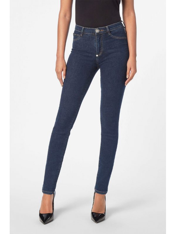 PHILIPP PLEIN ΠΑΝΤΕΛΟΝΙ JEANS HIGH WAIST JEGGING HEXAGON LOGO ΜΕΤΑΛΛΙΚΟ ΣΤΡΑΣ ΜΠΛΕ - Image 2