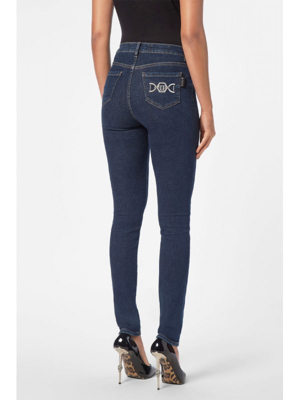 PHILIPP PLEIN ΠΑΝΤΕΛΟΝΙ JEANS HIGH WAIST JEGGING HEXAGON LOGO ΜΕΤΑΛΛΙΚΟ ΣΤΡΑΣ ΜΠΛΕ - Image 3