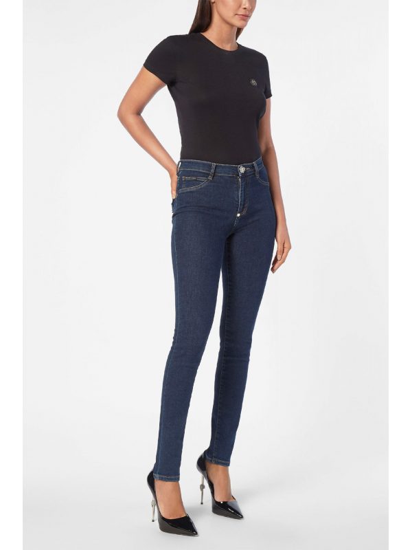 PHILIPP PLEIN ΠΑΝΤΕΛΟΝΙ JEANS HIGH WAIST JEGGING HEXAGON LOGO ΜΕΤΑΛΛΙΚΟ ΣΤΡΑΣ ΜΠΛΕ - Image 4