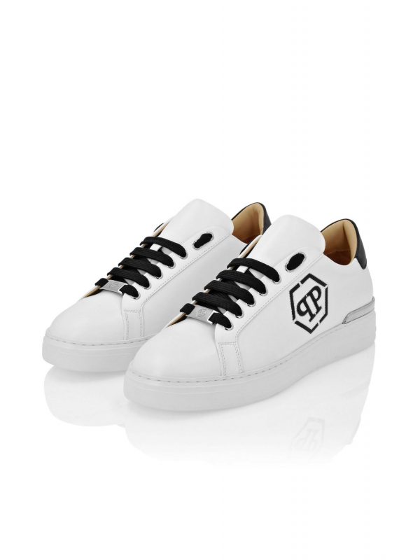 PHILIPP PLEIN ΠΑΠΟΥΤΣΙΑ SNEAKERS NAPPA LEATHER LO-TOP HEXAGON LOGO ΛΕΥΚΟ