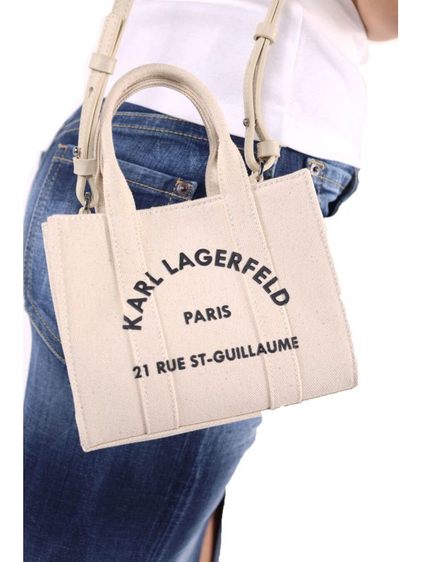 KARL LAGERFELD ΤΣΑΝΤΑ SQUARE MINI TOTE ΚΑΜΒΑΣ LOGO ΕΚΡΟΥ