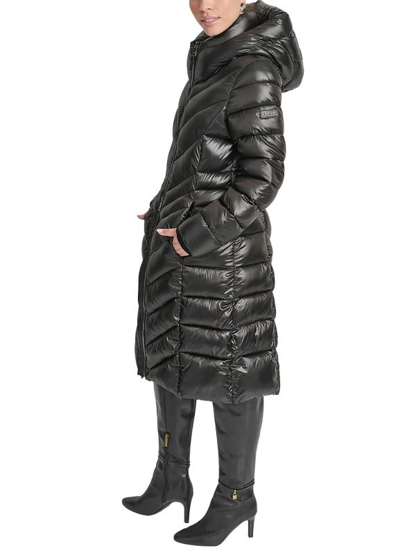 DKNY ΜΠΟΥΦΑΝ PUFFER ΜΑΚΡΥ LOGO ΜΑΝΙΚΙ ΜΑΥΡΟ