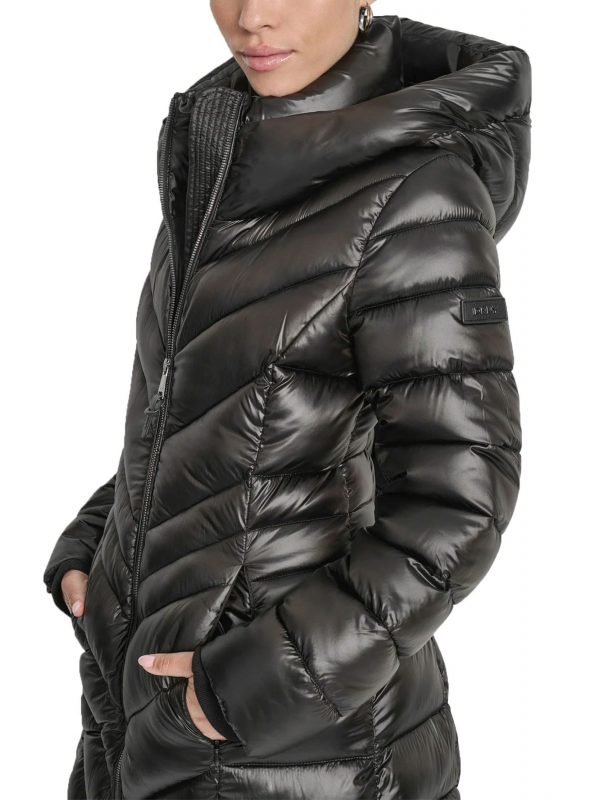 DKNY ΜΠΟΥΦΑΝ PUFFER ΜΑΚΡΥ LOGO ΜΑΝΙΚΙ ΜΑΥΡΟ