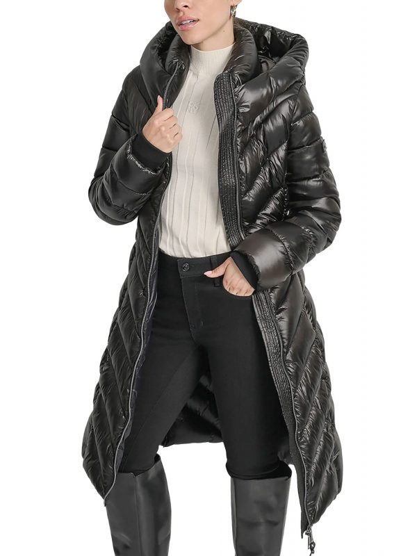 DKNY ΜΠΟΥΦΑΝ PUFFER ΜΑΚΡΥ LOGO ΜΑΝΙΚΙ ΜΑΥΡΟ