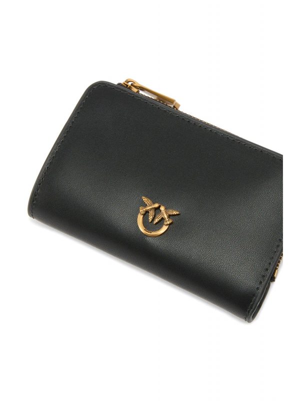 PINKO ΠΟΡΤΟΦΟΛΙ MINI WALLET VITELLO SETA ΜΑΥΡΟ - ANTIQUE GOLD