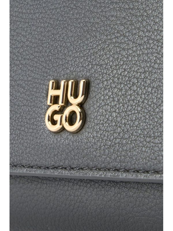 HUGO ΤΣΑΝΤΑΚΙ-ΠΟΡΤΟΦΟΛΙ CROSSBODY MEELO_CHAIN WALLET LOGO ΜΕΤΑΛΛΙΚΟ ΜΑΥΡΟ