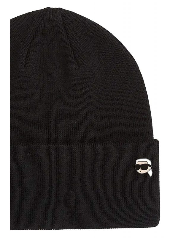 KARL LAGERFELD ΣΚΟΥΦΟΣ IKON PIN BEANIE LOGO ΜΕΤΑΛΛΙΚΟ ΜΑΥΡΟ