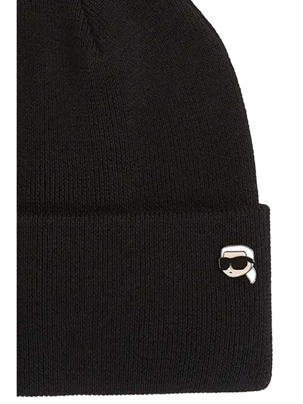 KARL LAGERFELD ΣΚΟΥΦΟΣ IKON PIN BEANIE LOGO ΜΕΤΑΛΛΙΚΟ ΜΑΥΡΟ