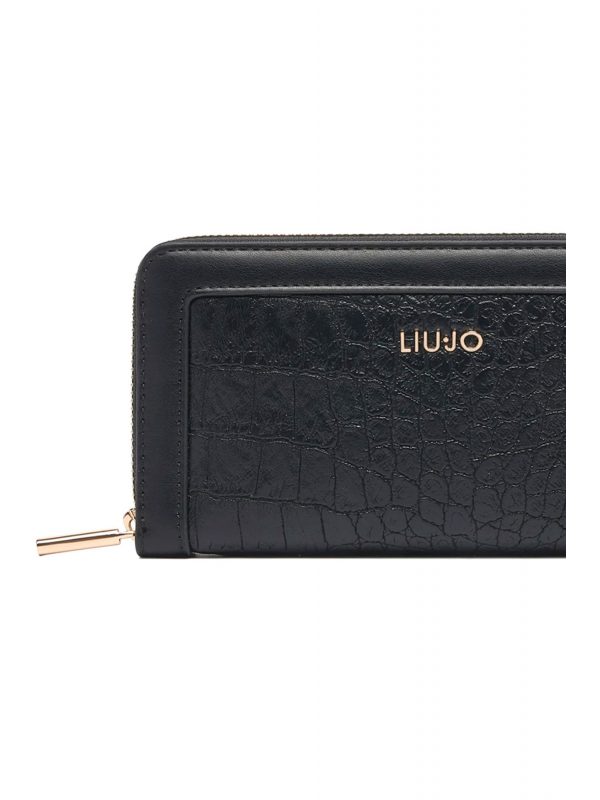 LIU-JO BETTER ΠΟΡΤΟΦΟΛΙ CROCCO LOGO ΜΕΤΑΛΛΙΚΟ ΜΑΥΡΟ