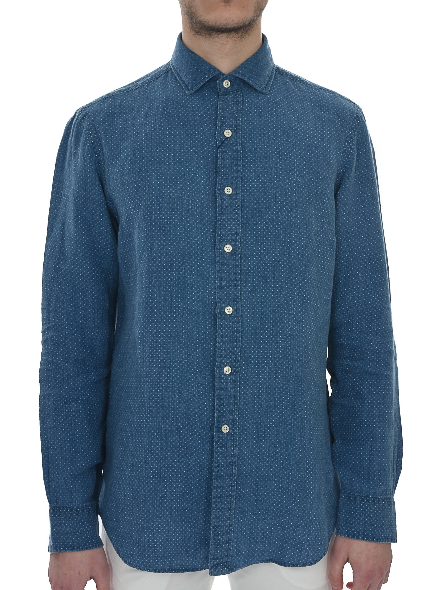 RALPH LAUREN ΠΟΥΚΑΜΙΣΟ ΛΙΝΟ ΜΙΚΡΟΣΧΕΔΙΟ CUSTOM FIT ΡΑΦ ΜΠΛΕ