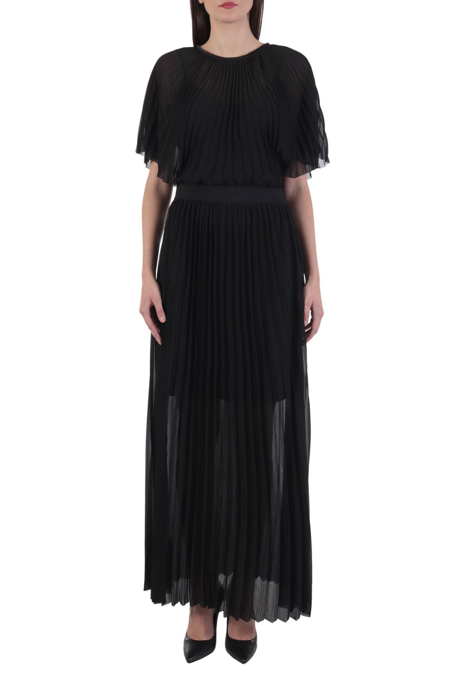 KARL LAGERFELD ΦΟΡΕΜΑ PLEATED MAXI DRESS ΖΩΝΗ LOGO ΜΑΥΡΟ