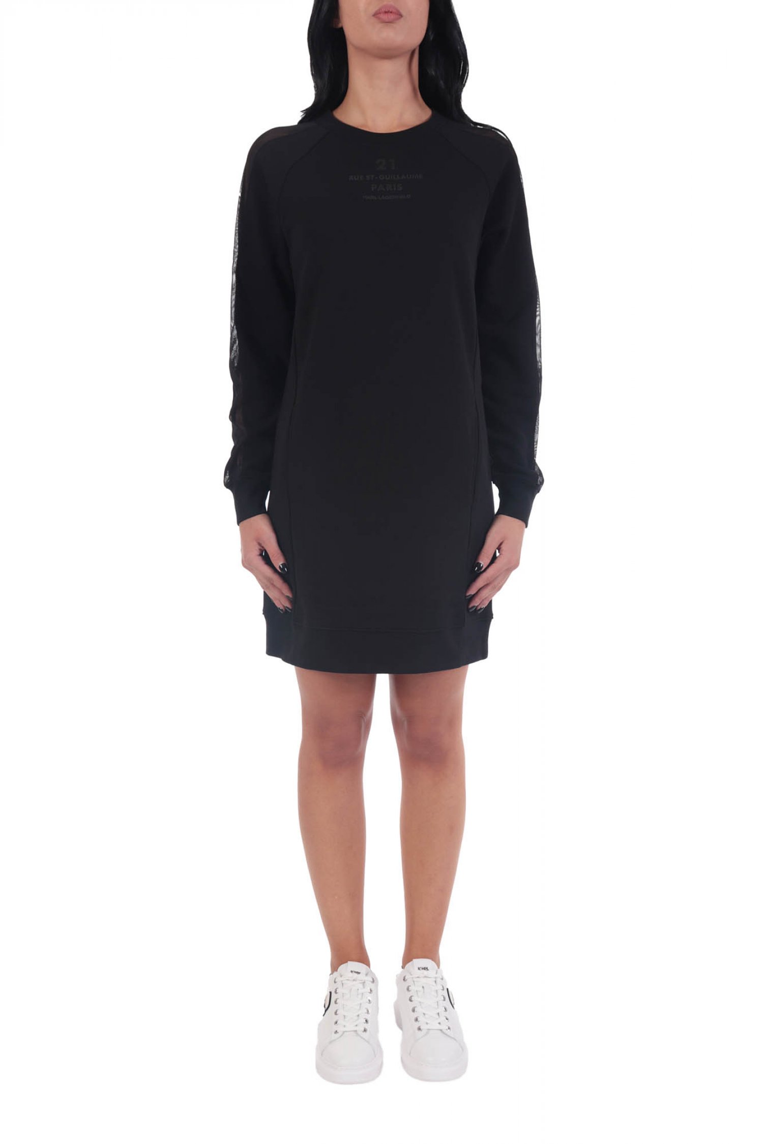 KARL LAGERFELD ΦΟΡΕΜΑ SWEAT DRESS W/MESH ΔΙΑΦΑΝΕΙΑ ΜΑΝΙΚΙ ΜΑΥΡΟ