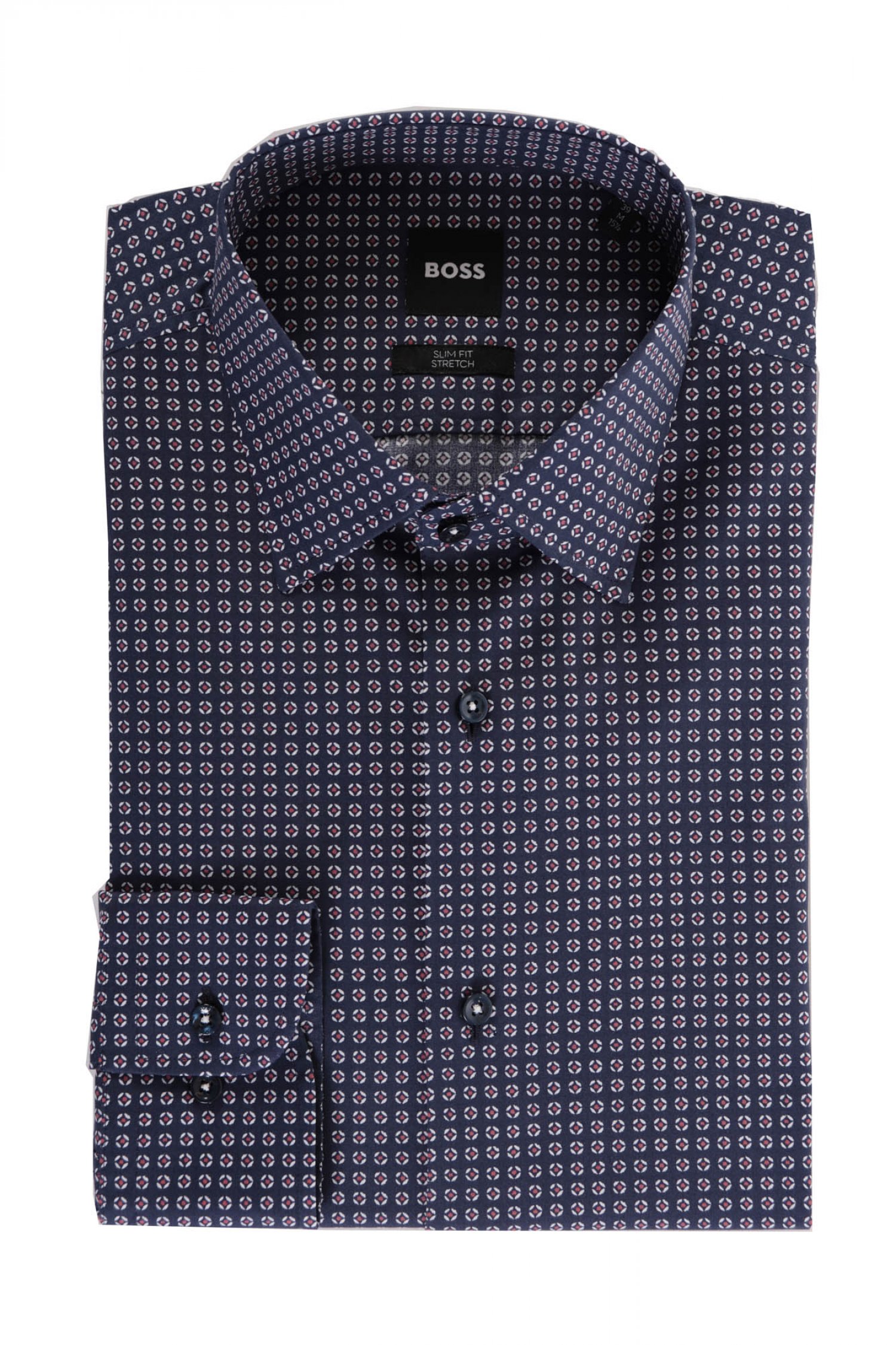 BOSS ΠΟΥΚΑΜΙΣΟ ΜΙΚΡΟΣΧΕΔΙΟ SLIM FIT STRETCH H-HANK-S-KENT-214 ΜΠΛΕ-ΜΠΟΡΝΤΩ