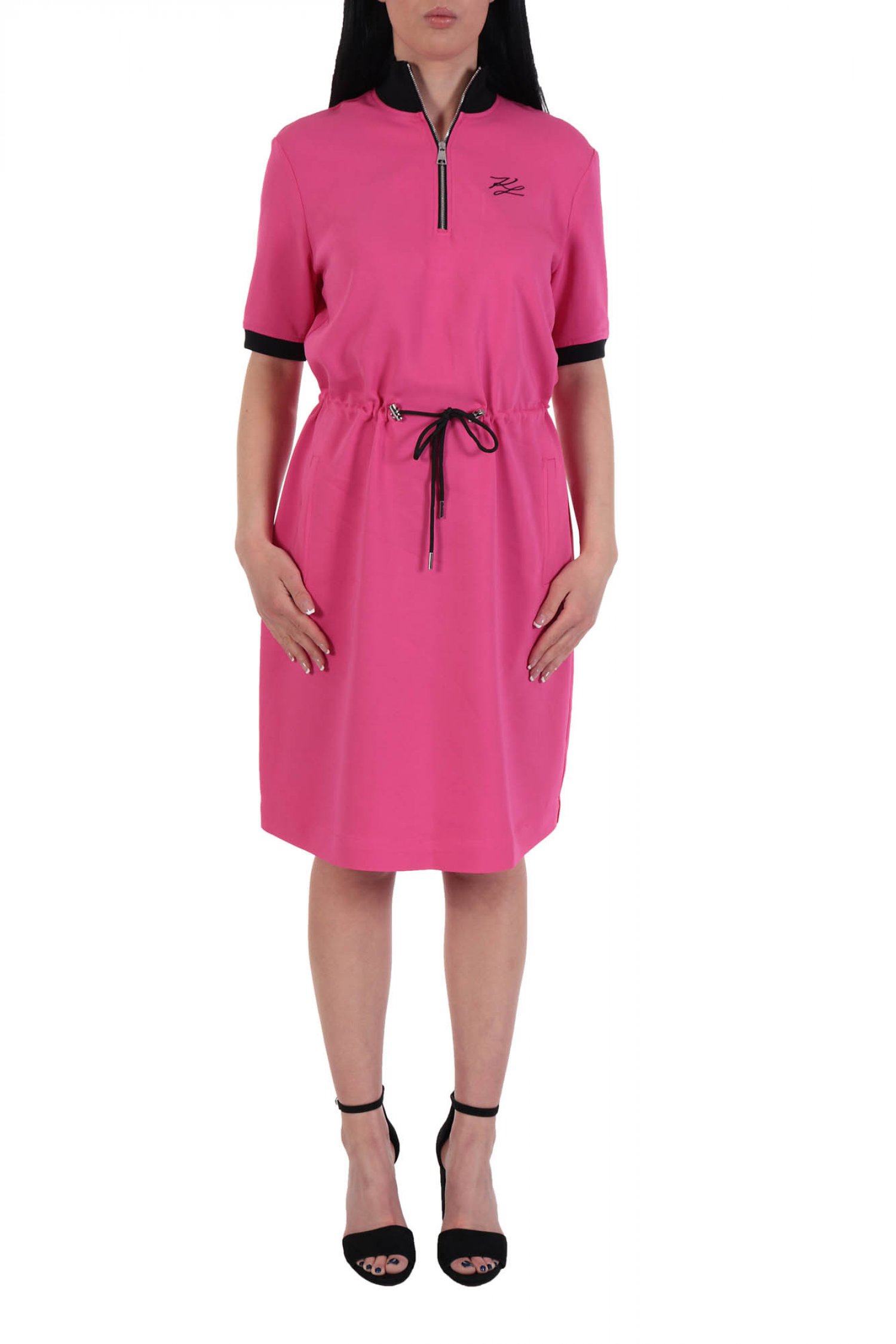 KARL LAGERFELD ΦΟΡΕΜΑ CADY DRESS DRAWCORD WAIST ZIP ΚΟΡΔΟΝΙ ΜΕΣΗ ΦΟΥΞΙΑ