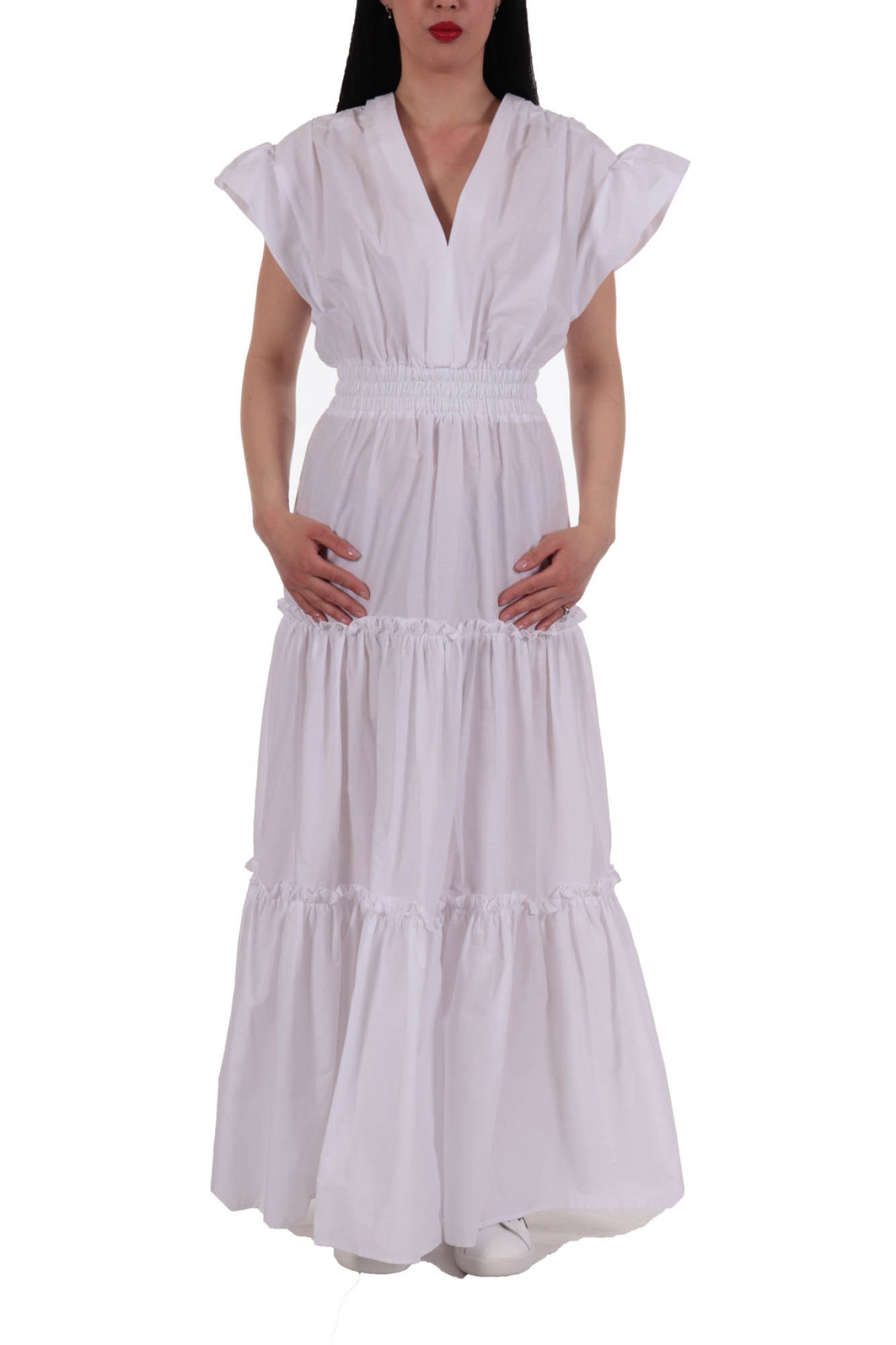 PINKO ΦΟΡΕΜΑ ΜΑΚΡΥ PELLEGRINO 1 ABITO POPELINE RADIANT V-NECK ΒΟΛΑΝ ΛΕΥΚΟ