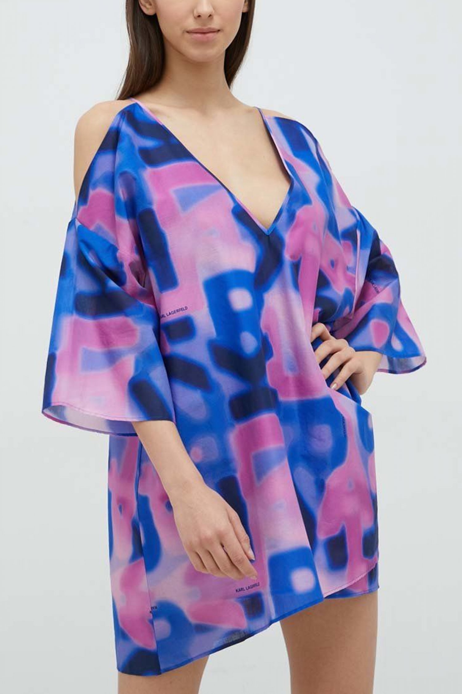 KARL LAGERFELD ΚΑΦΤΑΝΙ ΠΟΛΥΧΡΩΜΟ PRINT V-NECK ΜΠΛΕ/ΦΟΥΞΙΑ